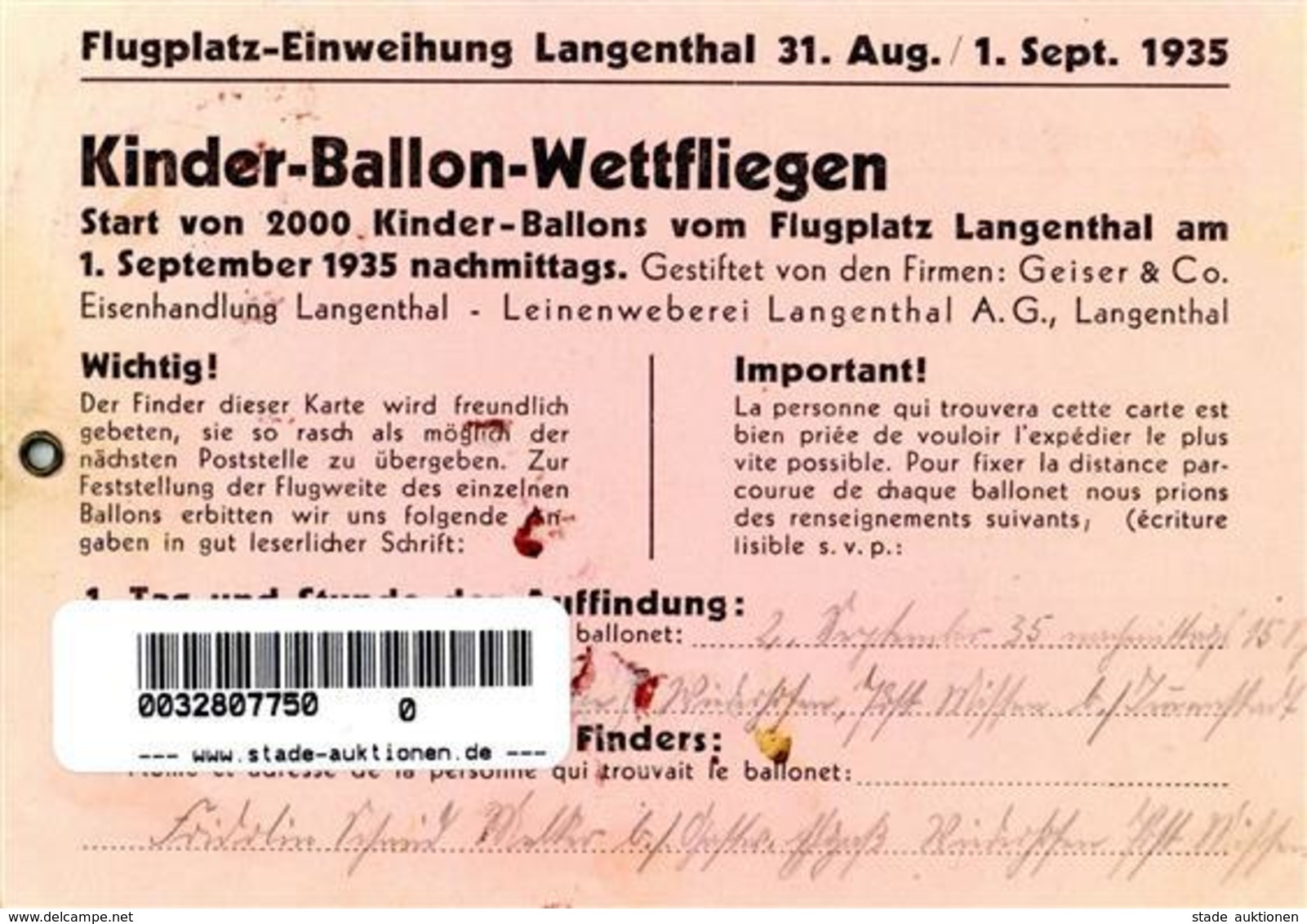 Ballon Kinder Ballon Wettfliegen Langenthal Flugkarte I-II - Mongolfiere