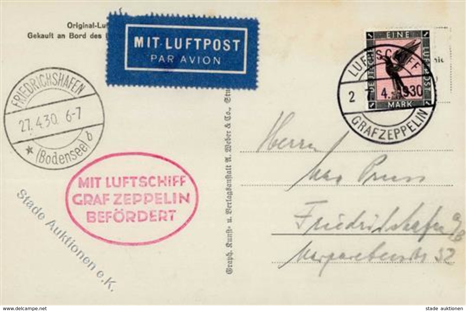 Zeppelinpost, Englandfahrt, Si.55C, Bordpost Mit 1 DM Adler (Mi.Nr.382) 27.4.1930"  Auf Fotokarte LZ 127, Im Rand Alters - Zeppeline