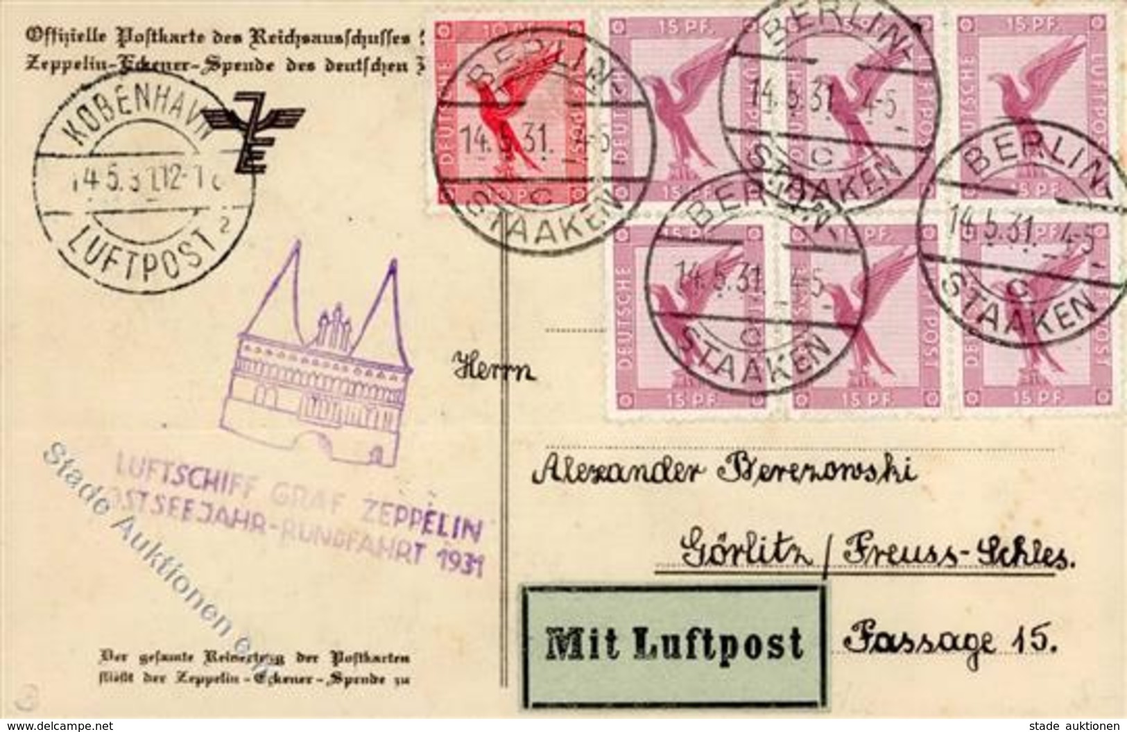 Zeppelinpost, Ostseerundfahrt 1931, Si.108Cc, 7 Adlermarken (1 M), Braune Zeppelin-Portraitkarte, DB BERLIN STAAKEN 14.5 - Zeppeline