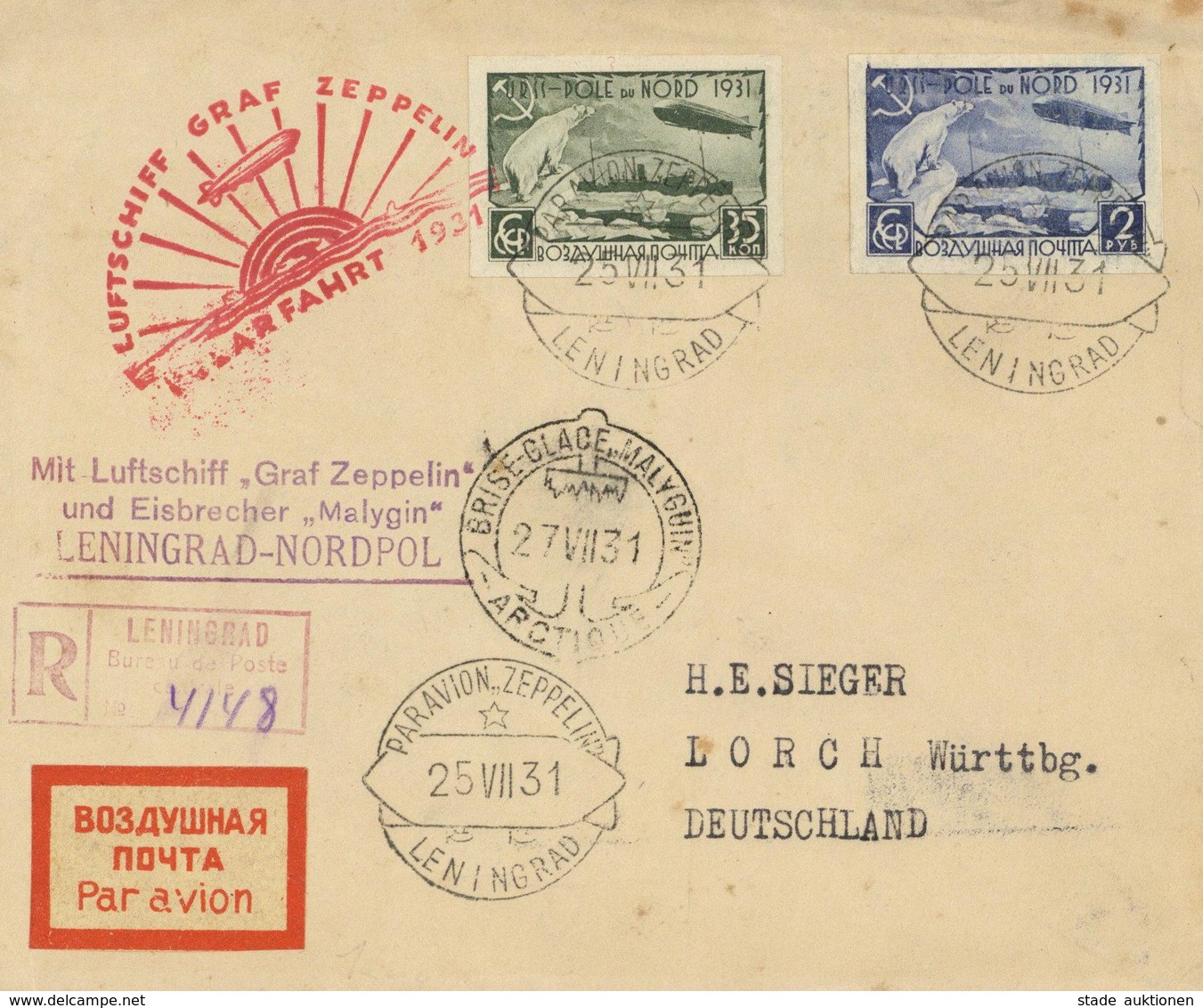 Zeppelinpost, Polarfahrt UDSSR-Post 1931, Auflieferung LENINGRAD 25 VII 31", R-Brief Mit Ungez. 35 K Und 2 R Zeppelin, S - Dirigibili