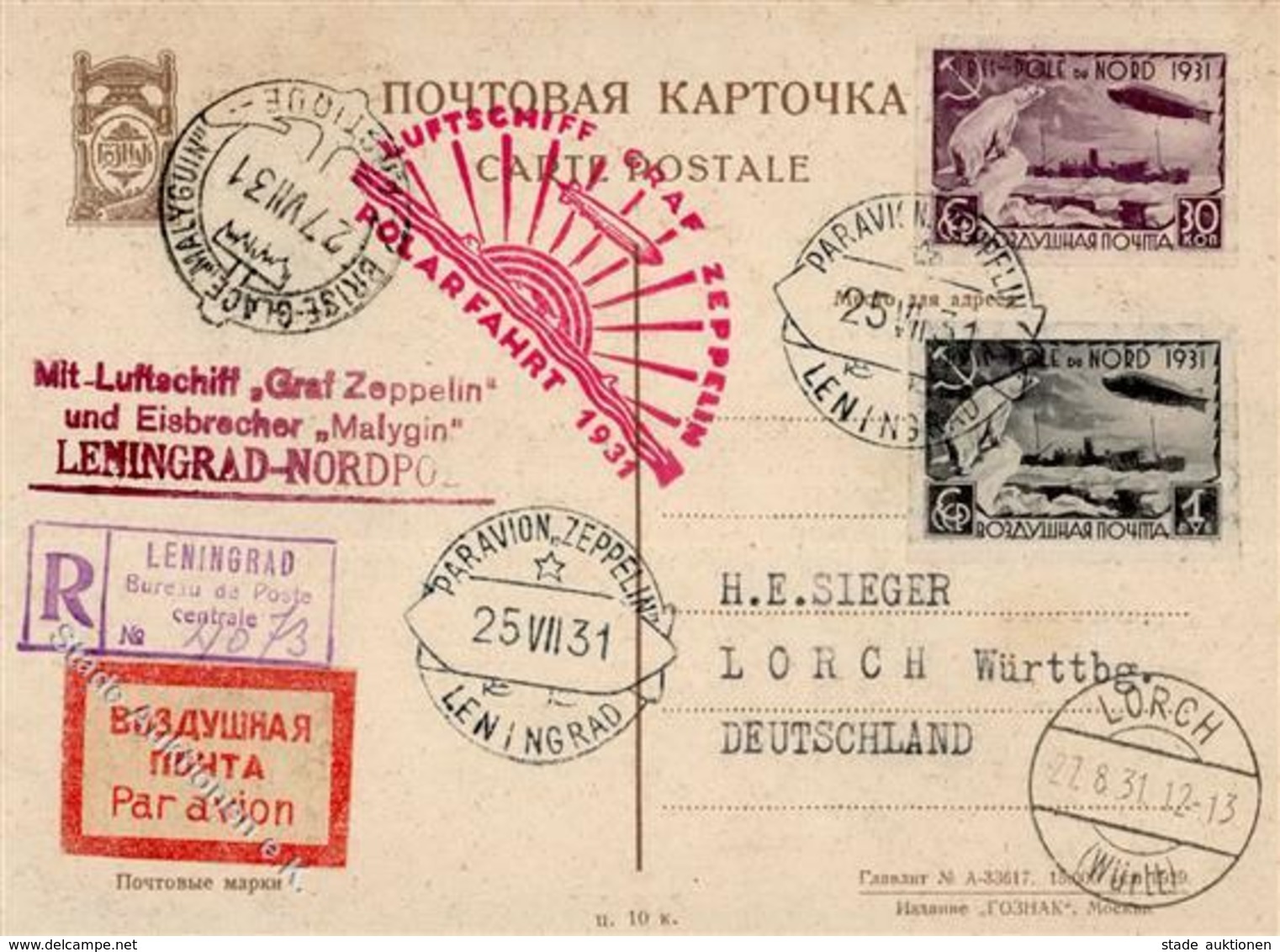 Zeppelinpost, Polarfahrt UDSSR-Post 1931, Auflieferung LENINGRAD 25 VII 31", R-Karte Mit Ungez. 30 K Und 1 R Zeppelin, S - Dirigibili