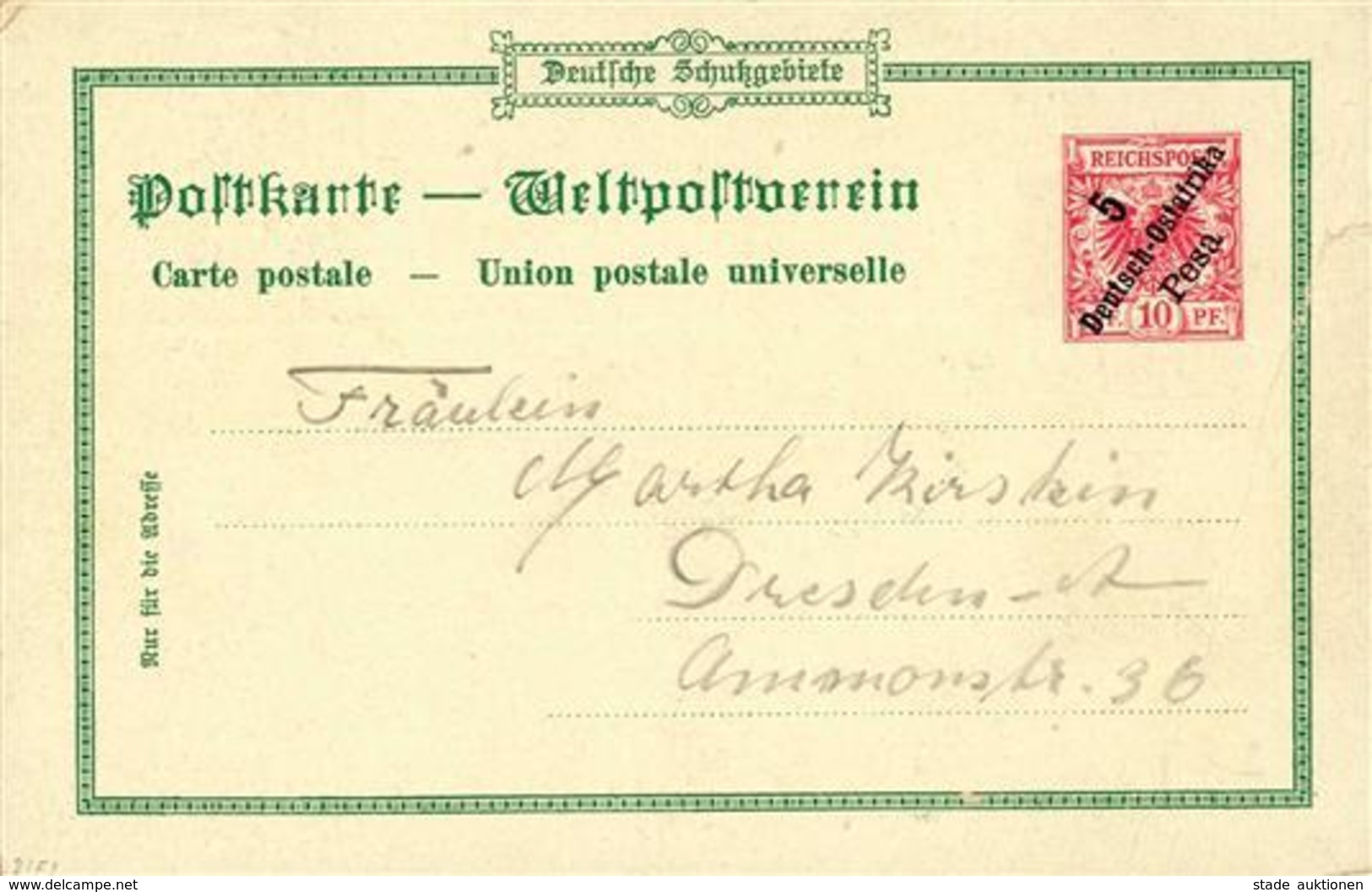 Deutsche Kolonien Ostafrika 1899 Privatganzsache PP 2 F1 Gruss Aus Bagamoyo Nach Dresden Jedoch Ohne Stempel Colonies Mo - Storia