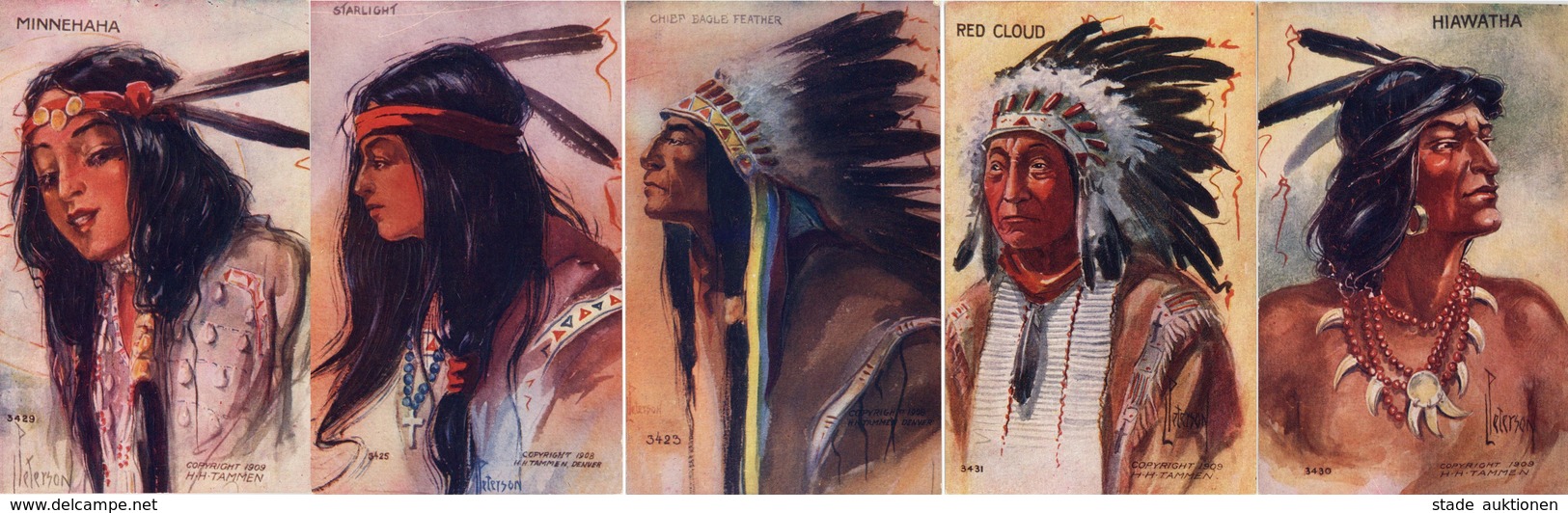 INDIANER - 5 Versch. Dekorative Präge-Künstlerkarten Sign. L.Peterson I - Indiani Dell'America Del Nord