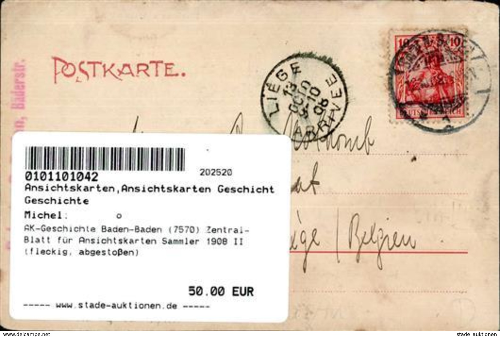 AK-Geschichte Baden-Baden (7570) Zentral-Blatt Für Ansichtskarten Sammler 1908 II (fleckig, Abgestoßen) - Storia