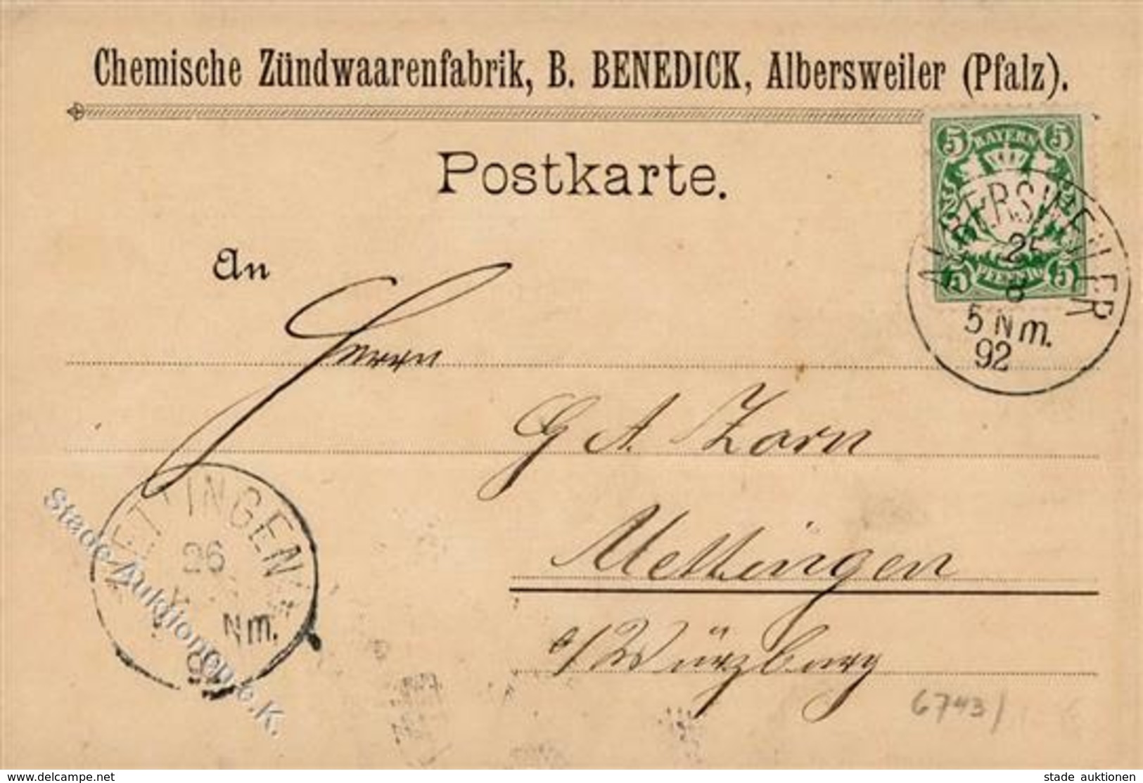 Vorläufer Albersweiler (6743) Chemische Zündwarenfabrik B. Benedick 1892 I-II - Non Classificati