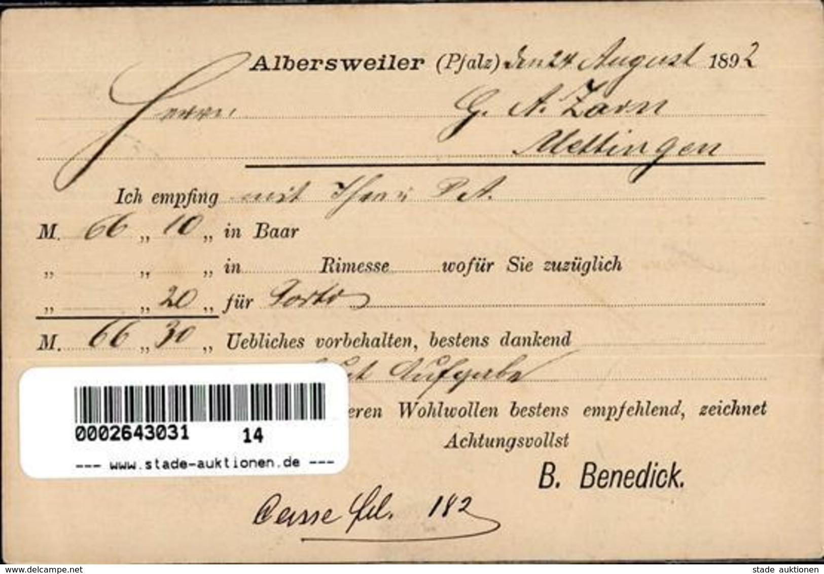 Vorläufer Albersweiler (6743) Chemische Zündwarenfabrik B. Benedick 1892 I-II - Non Classificati