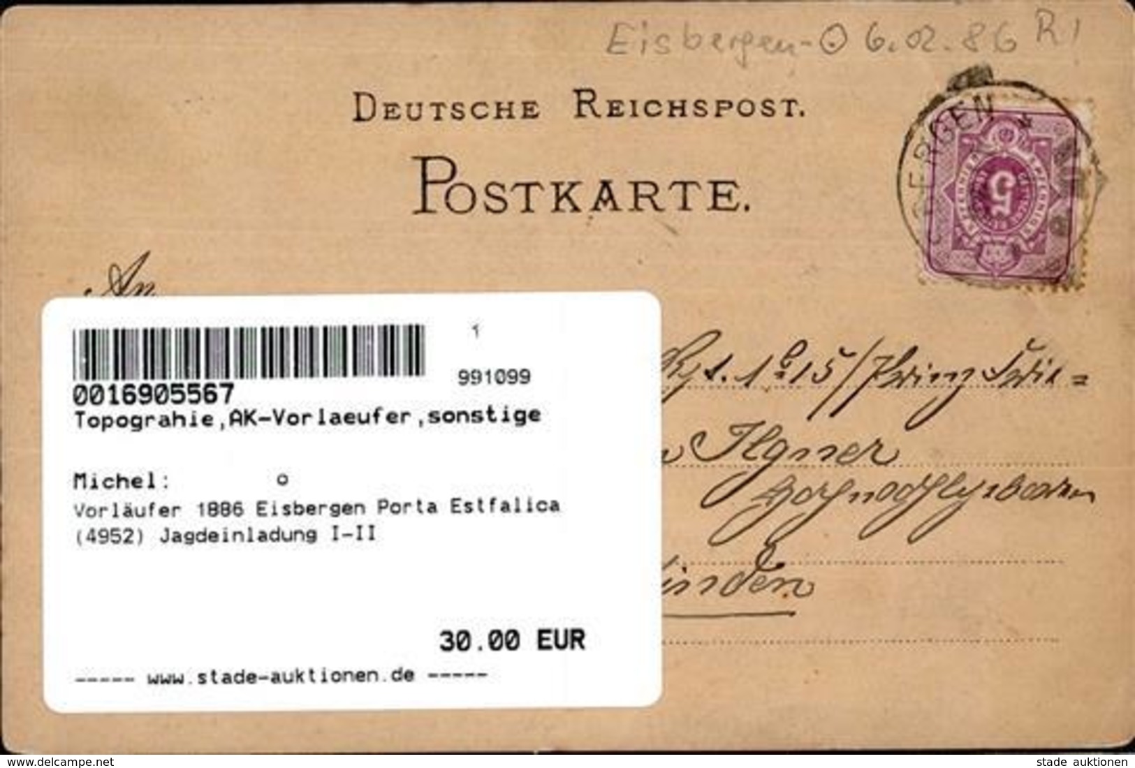Vorläufer 1886 Eisbergen Porta Estfalica (4952) Jagdeinladung I-II - Non Classificati