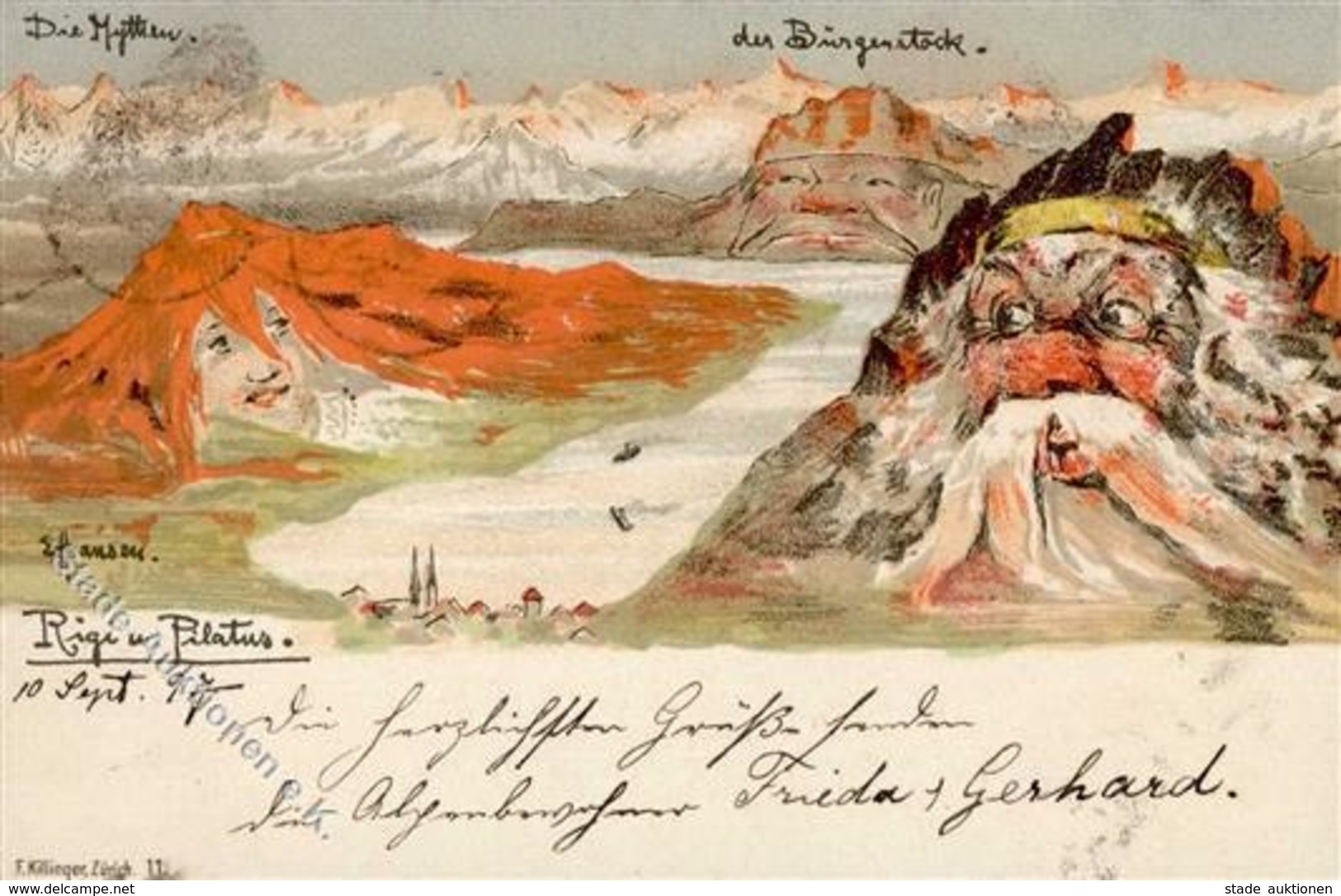 Berggesicht Sign. Hansen Die Mythen Der Bürgenstock Künstlerkarte 1897 I-II (fleckig) - Fiabe, Racconti Popolari & Leggende