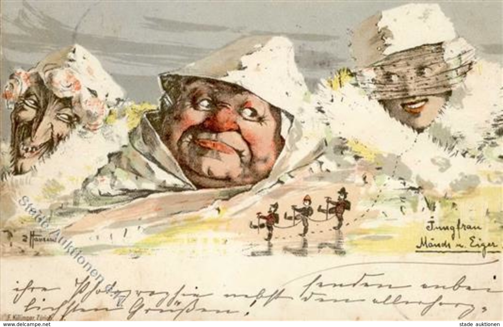 Berggesichter Sign. Hansen Jungfrau Mönch Und Eiger 1897 Künstler-Karte I-II Face à La Montagne - Märchen, Sagen & Legenden