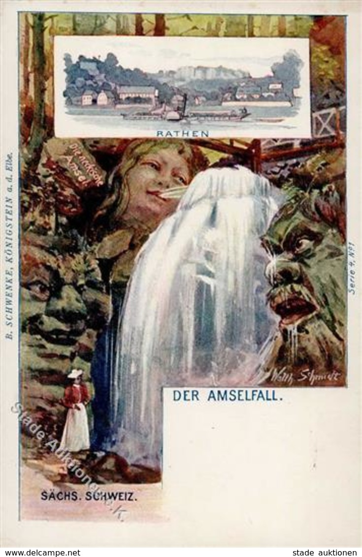 Berggesicht Sign. Schmidt, W. Der Amselfall Künstlerkarte I-II - Fiabe, Racconti Popolari & Leggende