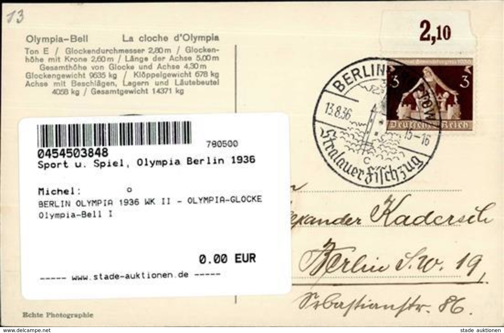 BERLIN OLYMPIA 1936 WK II - OLYMPIA-GLOCKE Olympia-Bell I - Giochi Olimpici