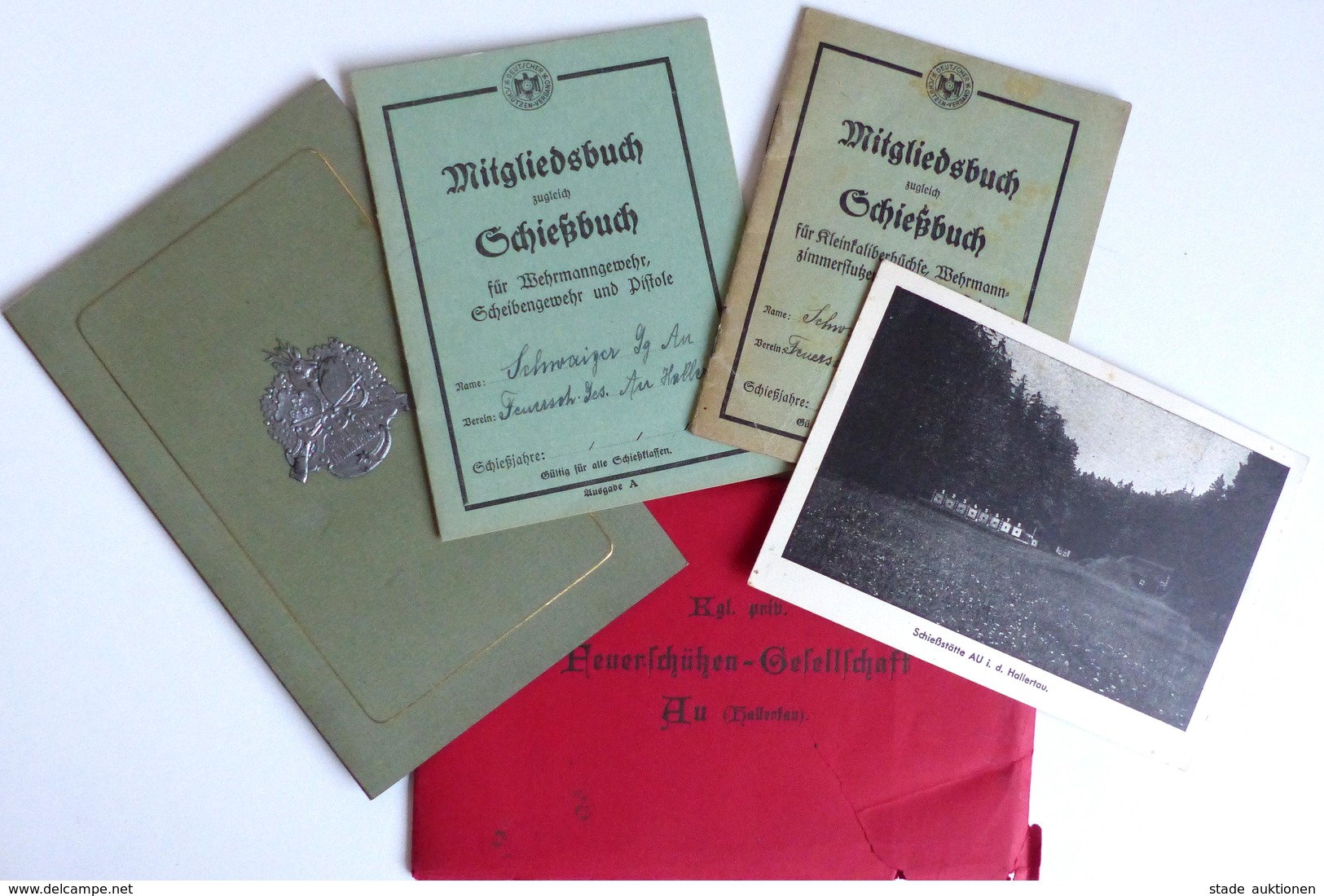 Schützen Au I.d. Hallertau (8309) Kl. Lot Mit Mitgliedsbücher, Ansichtskarte Feuerschützen Gesellschaft II - Tiro (armi)