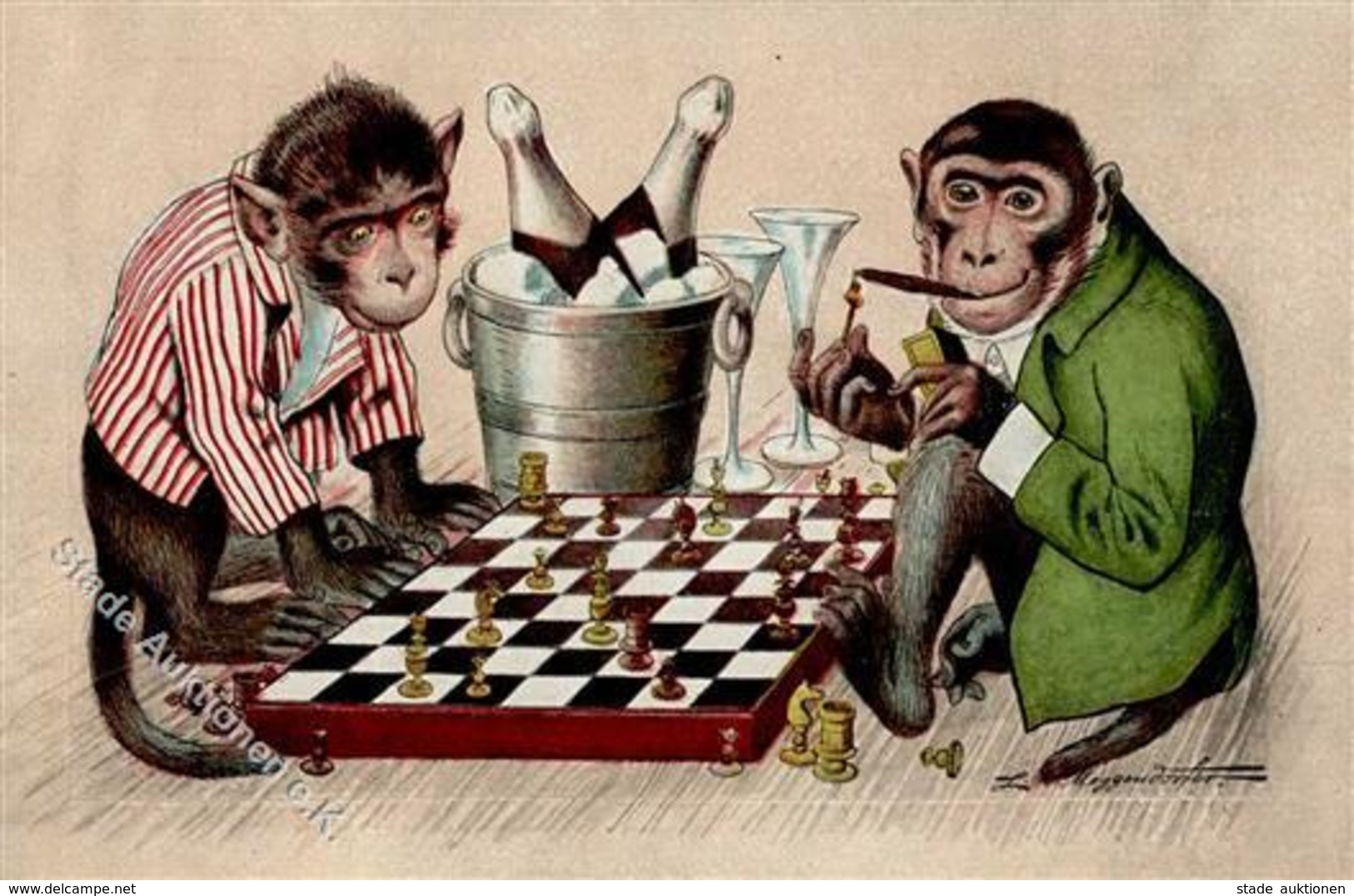 Schach Affen Personifiziert Sign. Meggendorfer, L. Künstlerkarte 1905 I-II - Scacchi