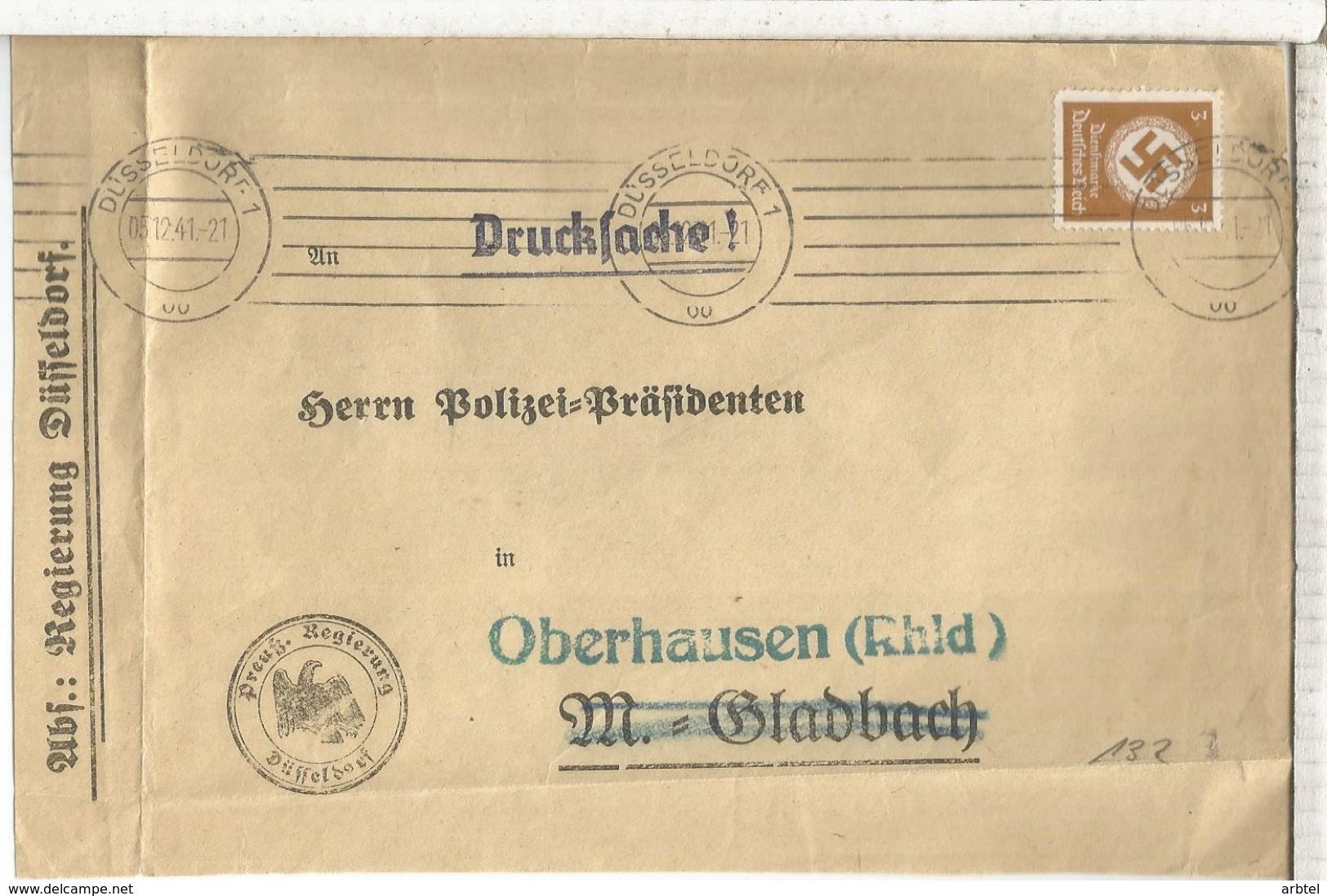 ALEMANIA REICH DUSSELDORF 1941 CORREO OFICIAL FRONTAL FRONT - Cartas & Documentos