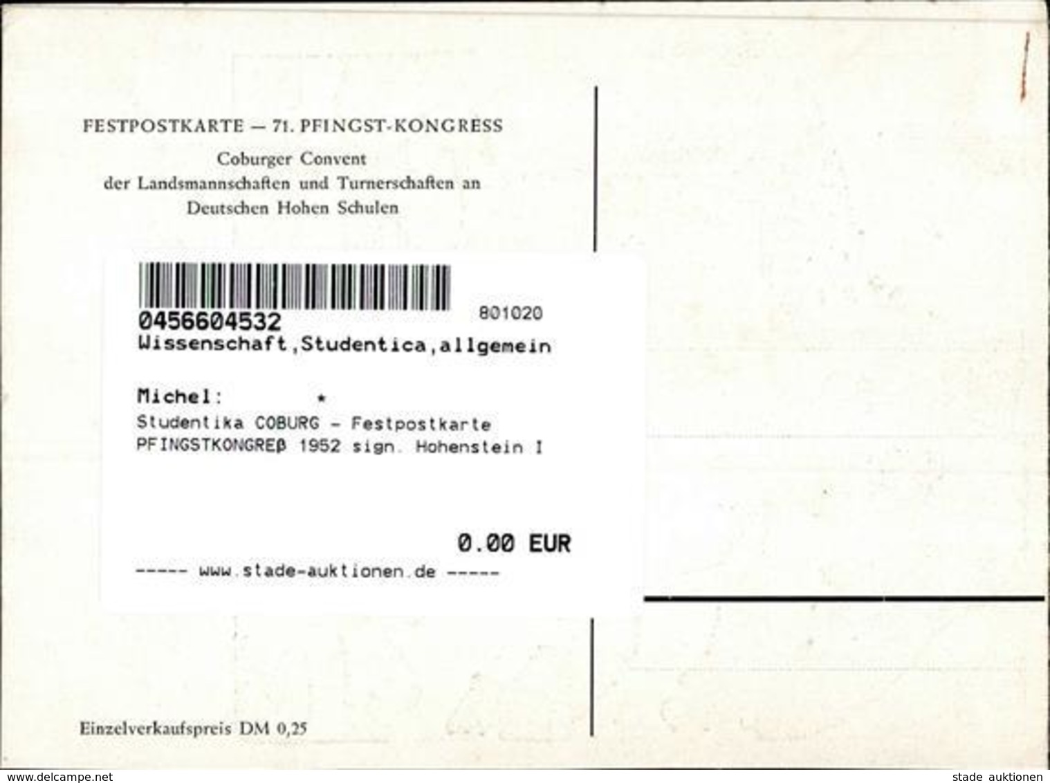 Studentika COBURG - Festpostkarte PFINGSTKONGREß 1952 Sign. Hohenstein I - Non Classificati