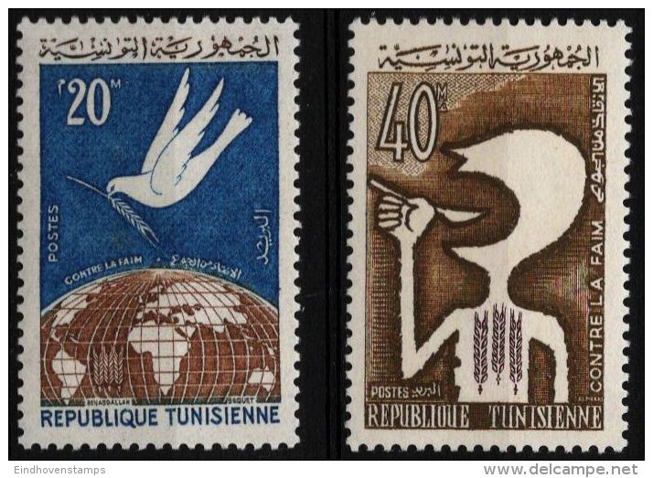 Tunesia 1963 Fight Against Starvation 2 Values MNH Spoon Mouth Dove Ear Of Corn Globe - Contro La Fame