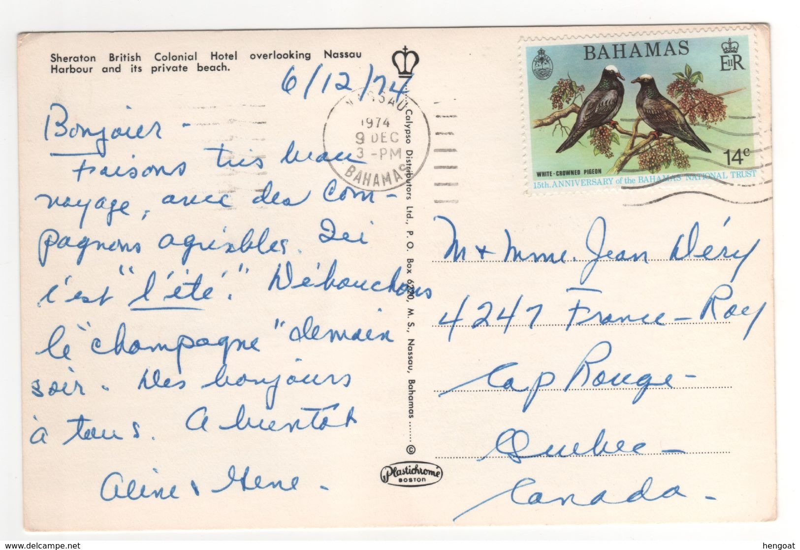 Beau Timbre " Oiseaux " Sur Carte , Cp , Postcard Du 9 DEC 1974  . - Bahama's (1973-...)