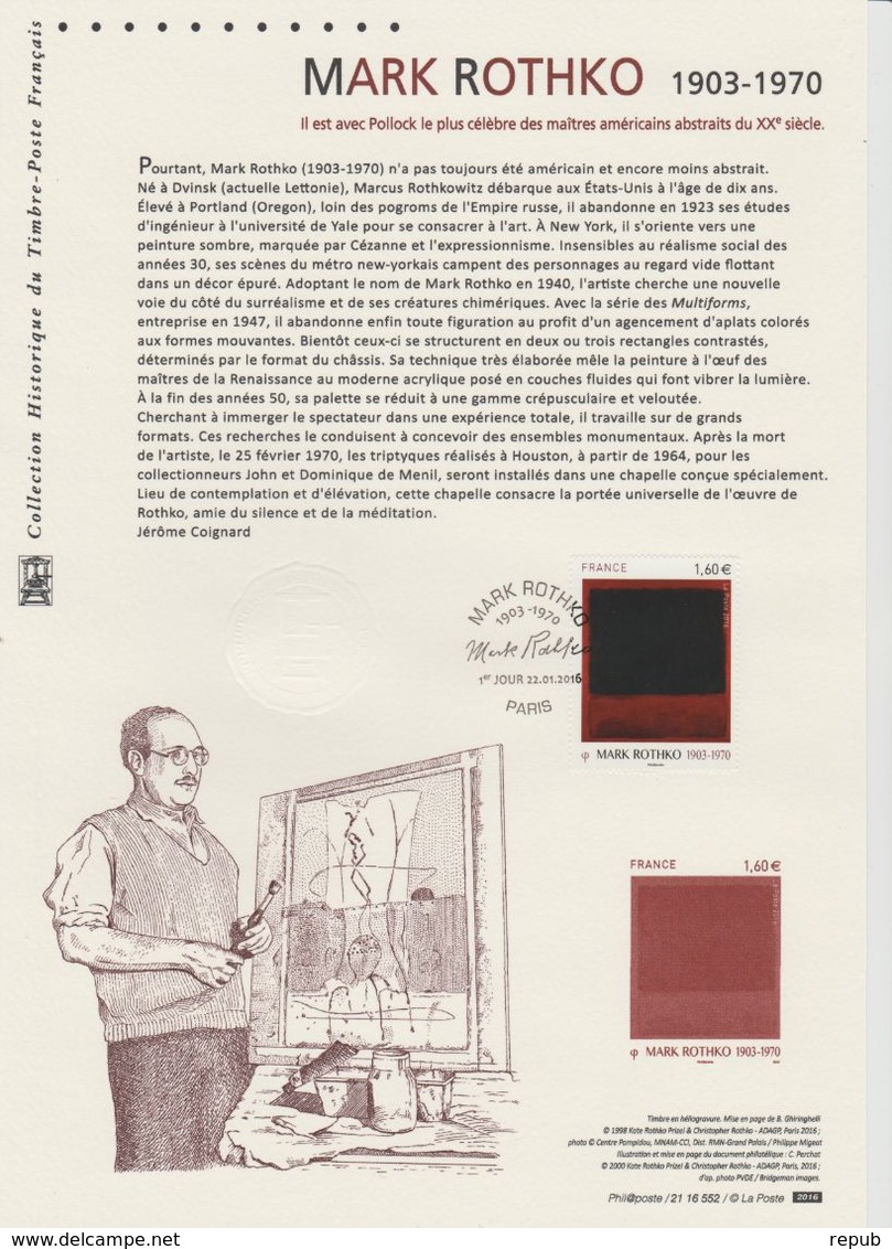 France Document Officiel 2016 Mark Rothko 5030 - Documents Of Postal Services