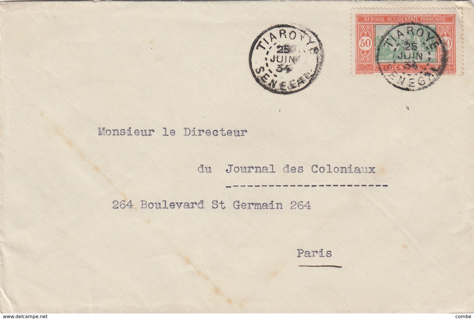 LETTRE COVER. SENEGAL. 25 JUIN 1934. TIAROYE  POUR PARIS - Storia Postale