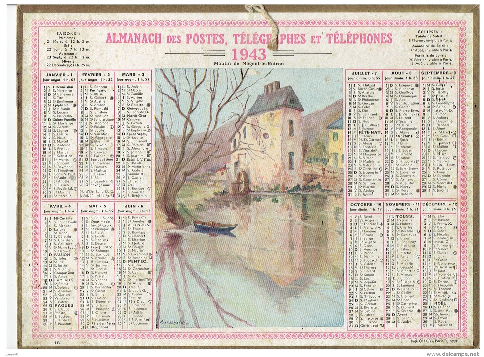 CALENDRIER - ALMANACH POSTES Et TELEGRAPHES 1943 - Moulin NOGENT LE RETROU - KINALDI - Grand Format : 1921-40