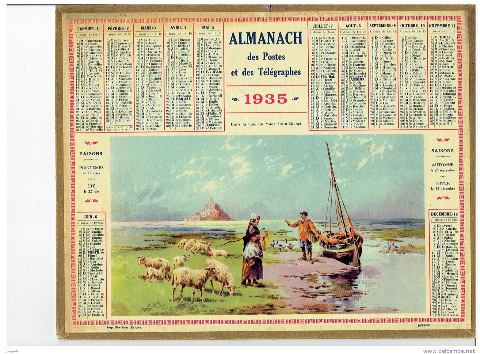 CALENDRIER - ALMANACH POSTES Et TELEGRAPHES 1935 - Dans La Baie Du Mont Saint Michel - Departement NORD Sans Carte - Formato Grande : 1921-40