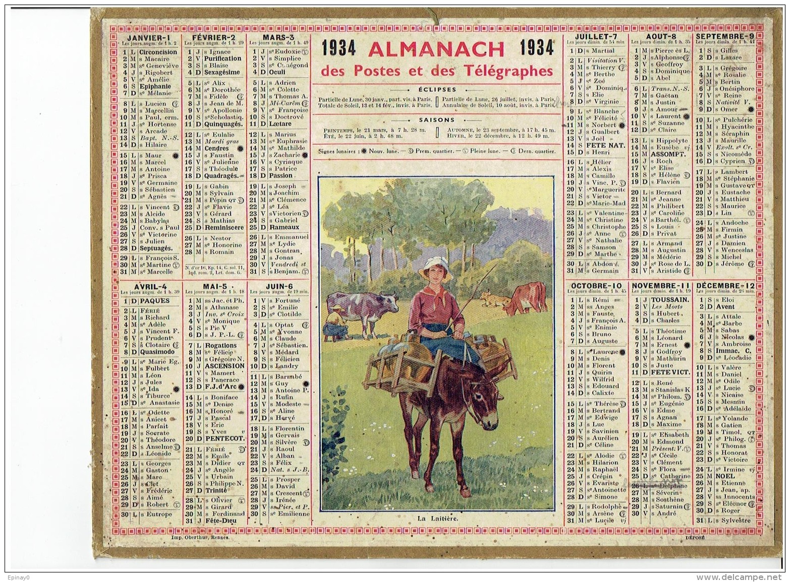 CALENDRIER - ALMANACH POSTES Et TELEGRAPHES 1934 - La Laitiere - Ane - Lait - Vache - Grand Format : 1921-40