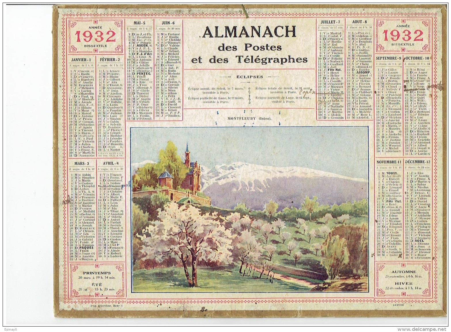 CALENDRIER - ALMANACH POSTES Et TELEGRAPHES 1932 - MONTFLEURY (isére) - Departement  Carte Du PAS DE CALAIS Complet - Grossformat : 1921-40