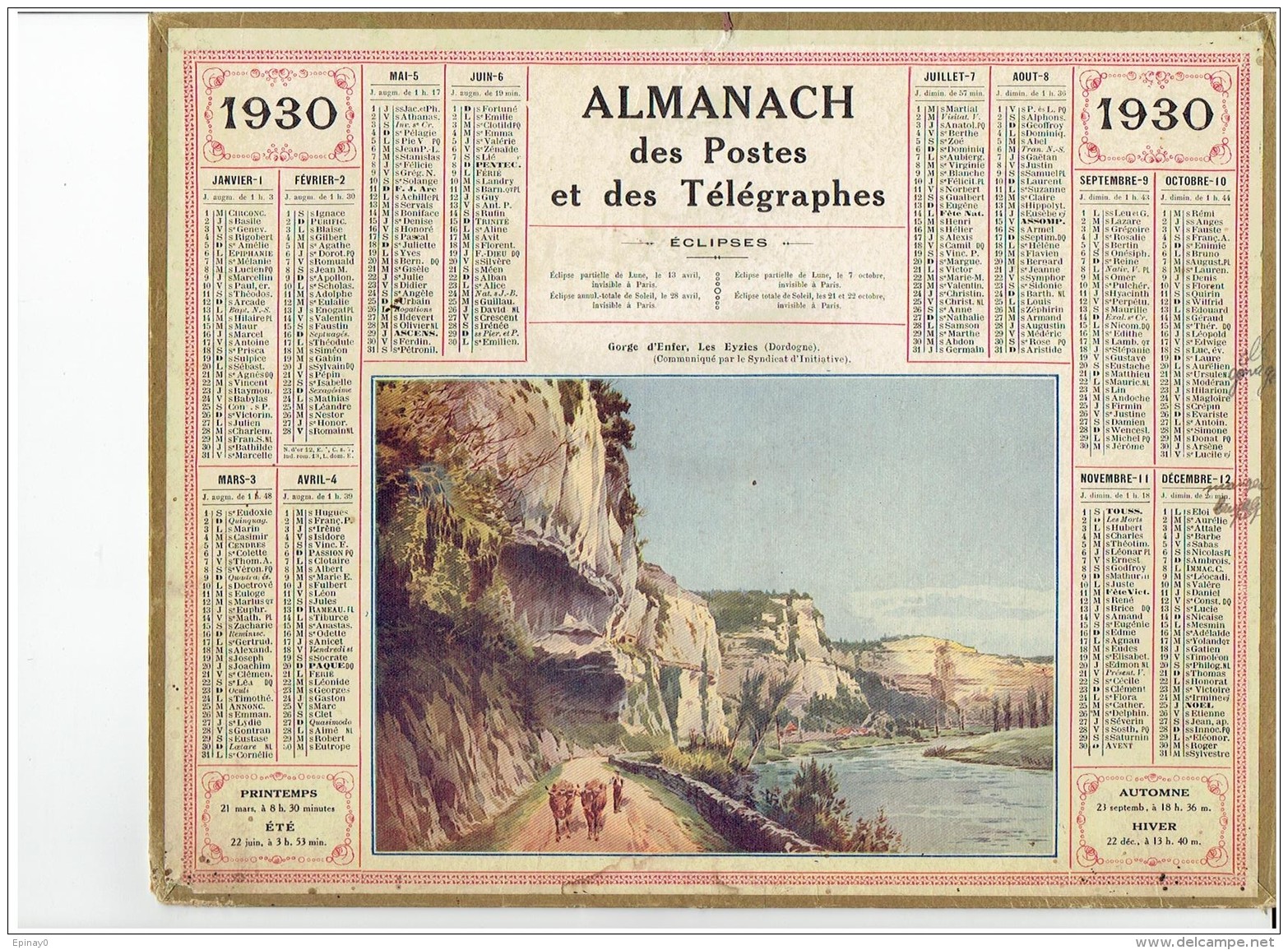 CALENDRIER - ALMANACH POSTES Et TELEGRAPHES 1930 - Gorge De L'enfer - Les EYZIES - Departement  Carte Du NORD Complet - Grand Format : 1921-40