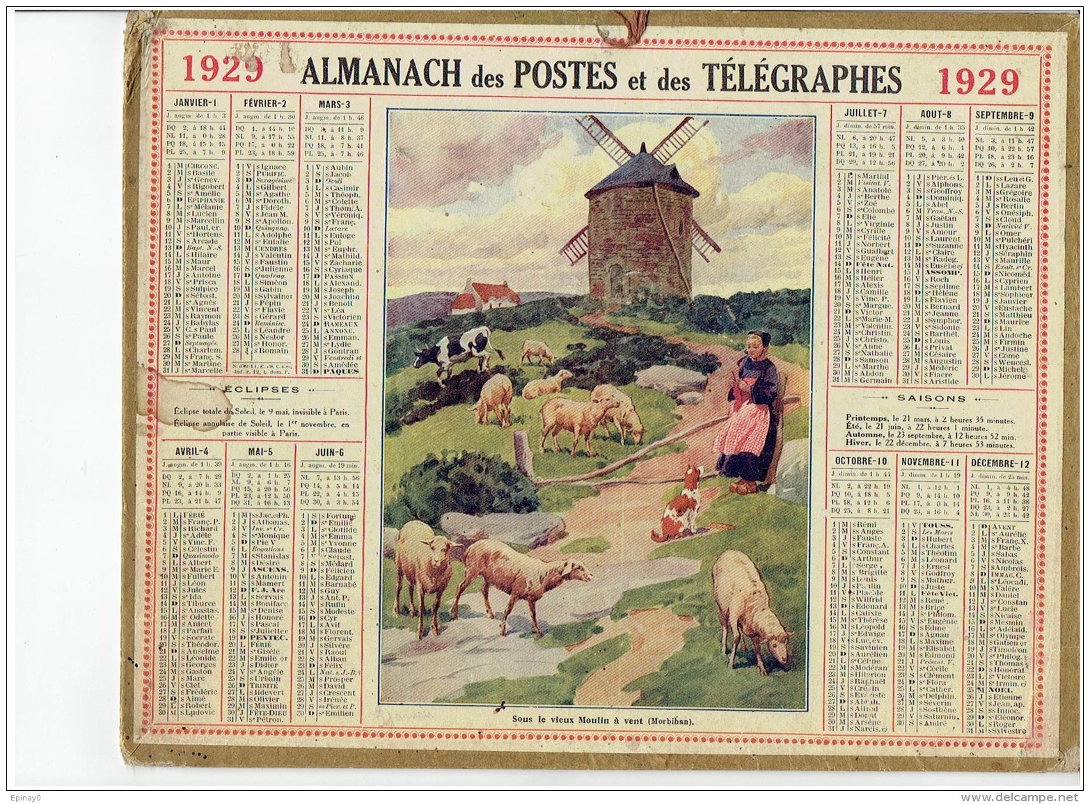 CALENDRIER - ALMANACH POSTES Et TELEGRAPHES 1929 - Vieux Moulin à Vent Du Morbihan - Berger Bergere - Mouton - Vache - Grand Format : 1921-40