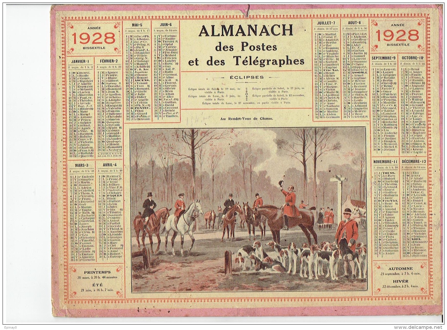 CALENDRIER - ALMANACH POSTES Et TELEGRAPHES 1928 - Au Rendez Vous De Chasse à Courre - Departement NORD Avec Carte Compl - Big : 1921-40