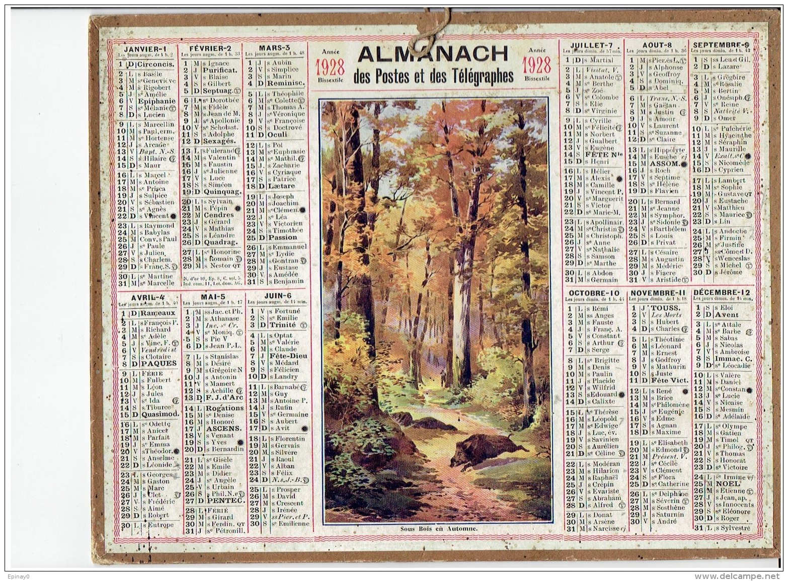 CALENDRIER - ALMANACH POSTES Et TELEGRAPHES 1928 -  Sous Bois Automne - Sanglier - Chasse - Sans Feuillet Au Dos - Big : 1921-40