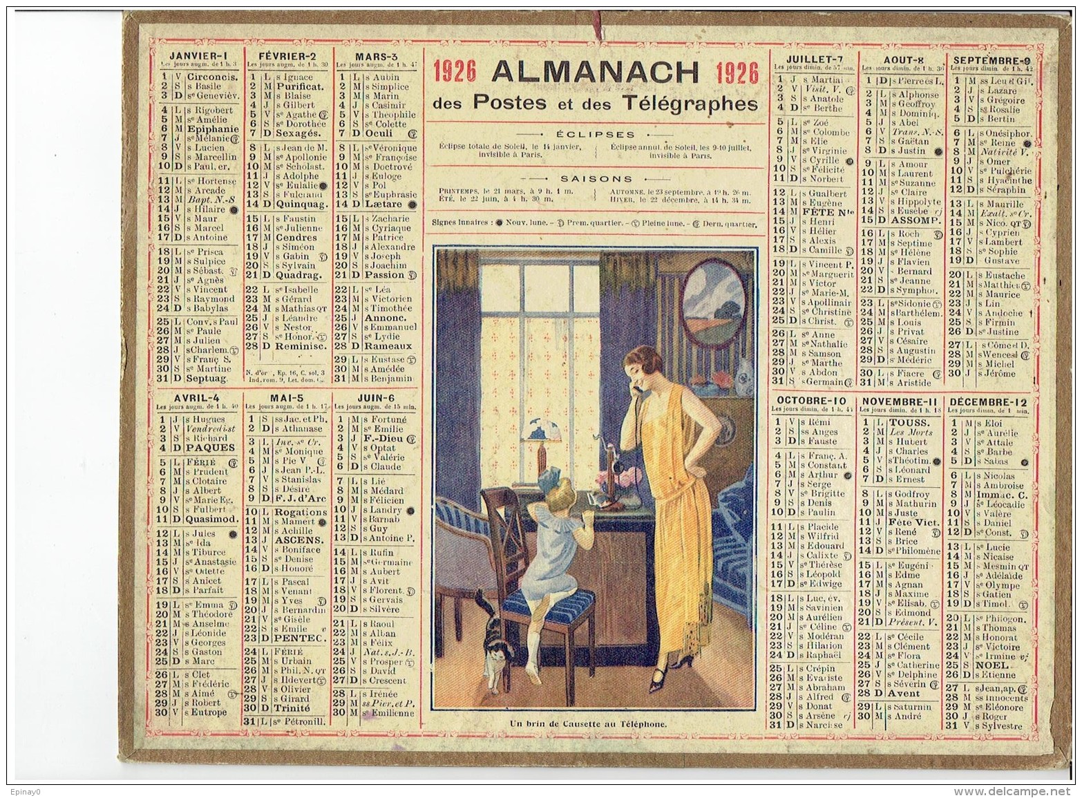 CALENDRIER - ALMANACH POSTES Et TELEGRAPHES 1926 - Un Brin De Causette Au Téléphone - Chat - Sans Feuillet Au Dos - Big : 1921-40