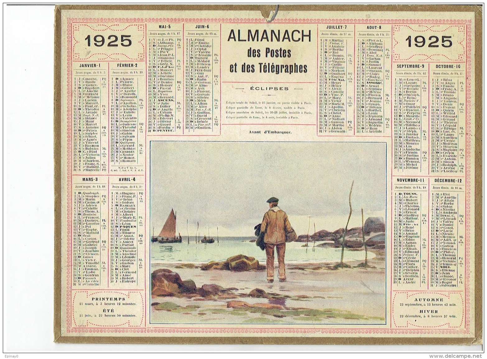 CALENDRIER - ALMANACH POSTES Et TELEGRAPHES 1925 - Avant D'embarquer - Pêche - Pêcheur - Bateau - Sans Feuillet Au Dos - Grossformat : 1921-40