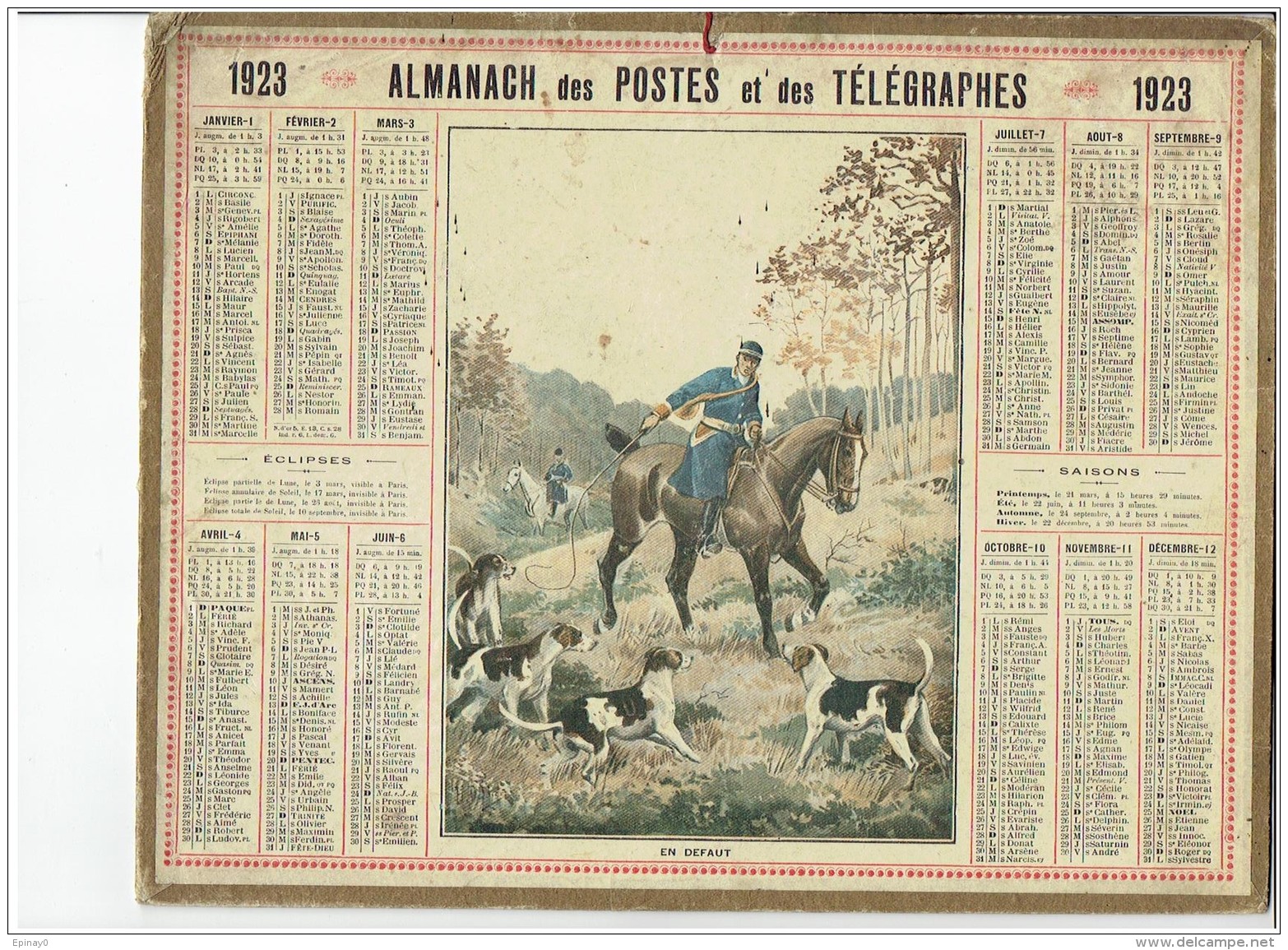CALENDRIER - ALMANACH POSTES Et TELEGRAPHES 1923 - Chasse à Courre - Carte Du NORD Au Dos - Grossformat : 1921-40