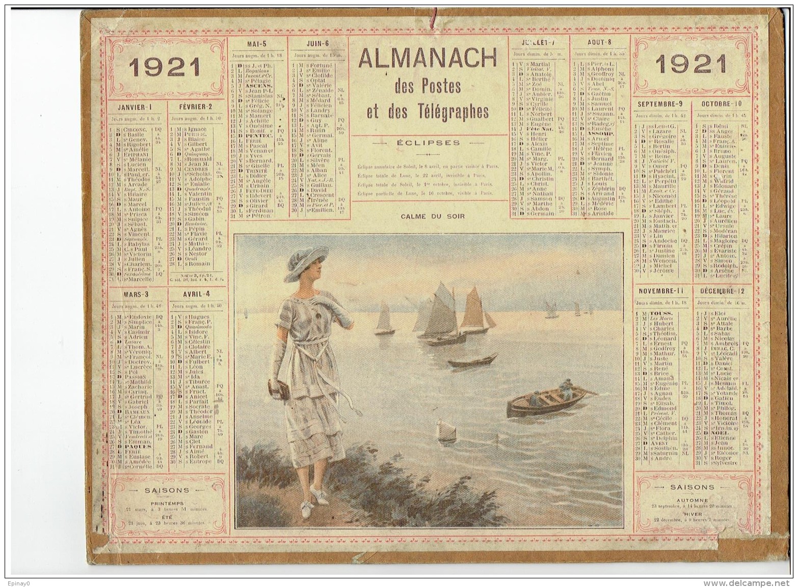 CALENDRIER - ALMANACH POSTES Et TELEGRAPHES 1921 - Calme Du Soir - Bord De Mer - Sans Feuillet Au Dos - Grand Format : 1921-40