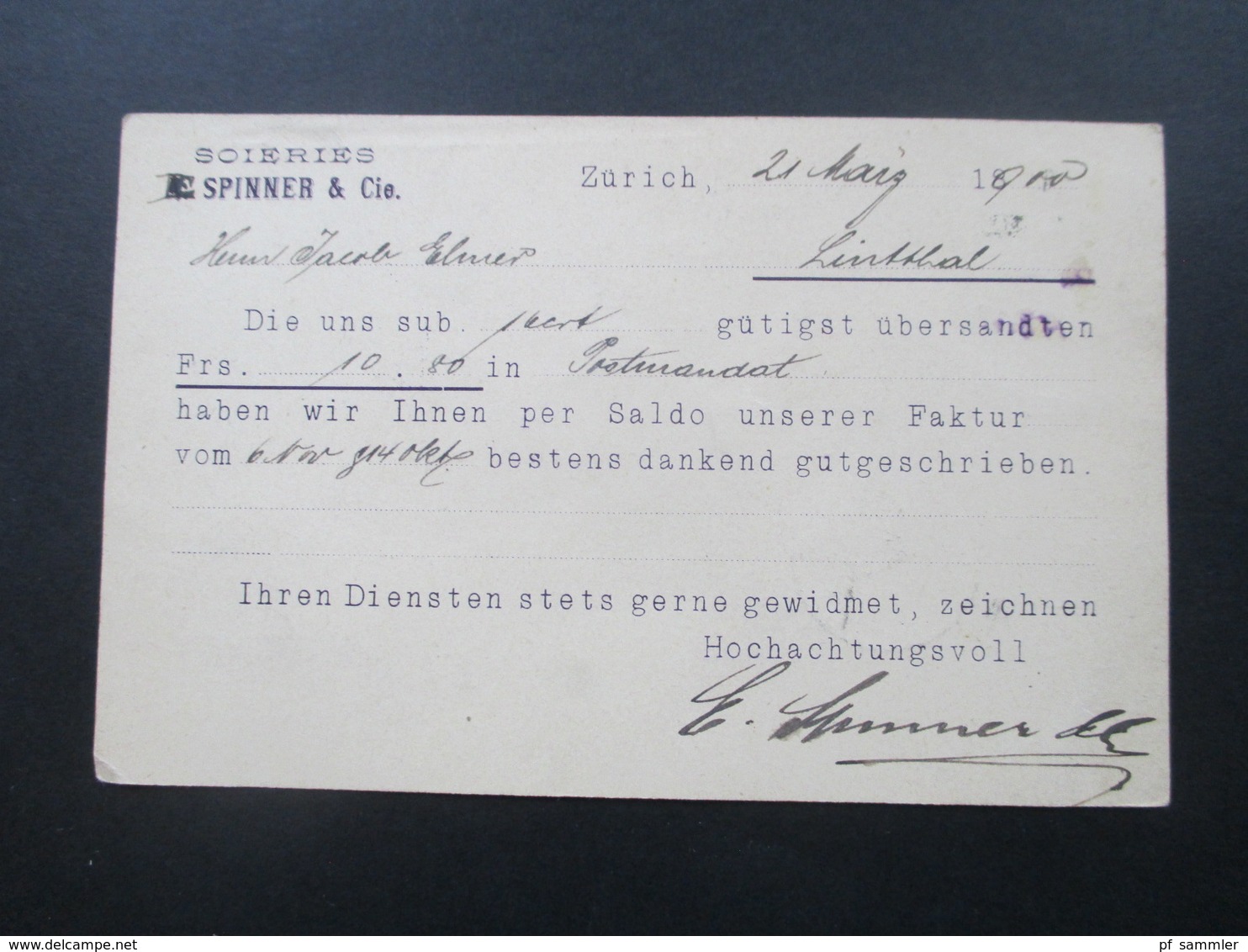 Postkarte 1900 Schweiz Zürich Firmenkarte E.Spinner & Cie Soieries Nach Lintthal Mit AK Stempel - Brieven En Documenten