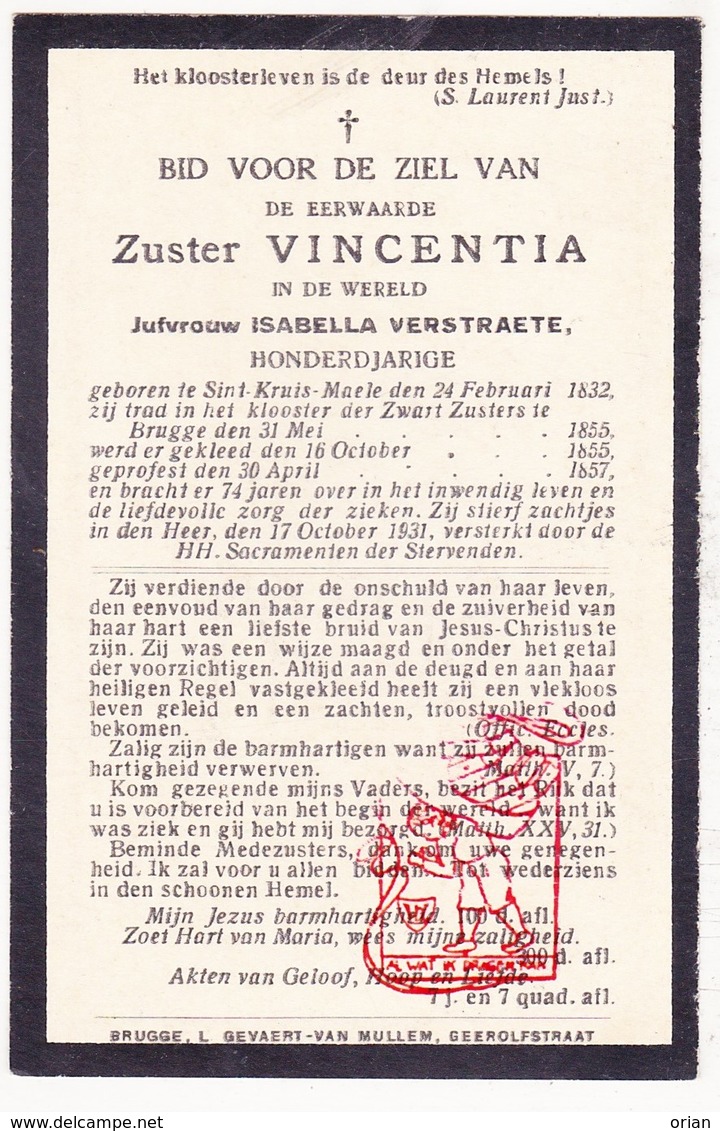 DP 100 Honderdjarige - EZ Isabella Verstraete - Zr. Vincentia ° Male St.-Kruis Brugge 1832 † 1931 Klooster Zw. Zusters - Andachtsbilder