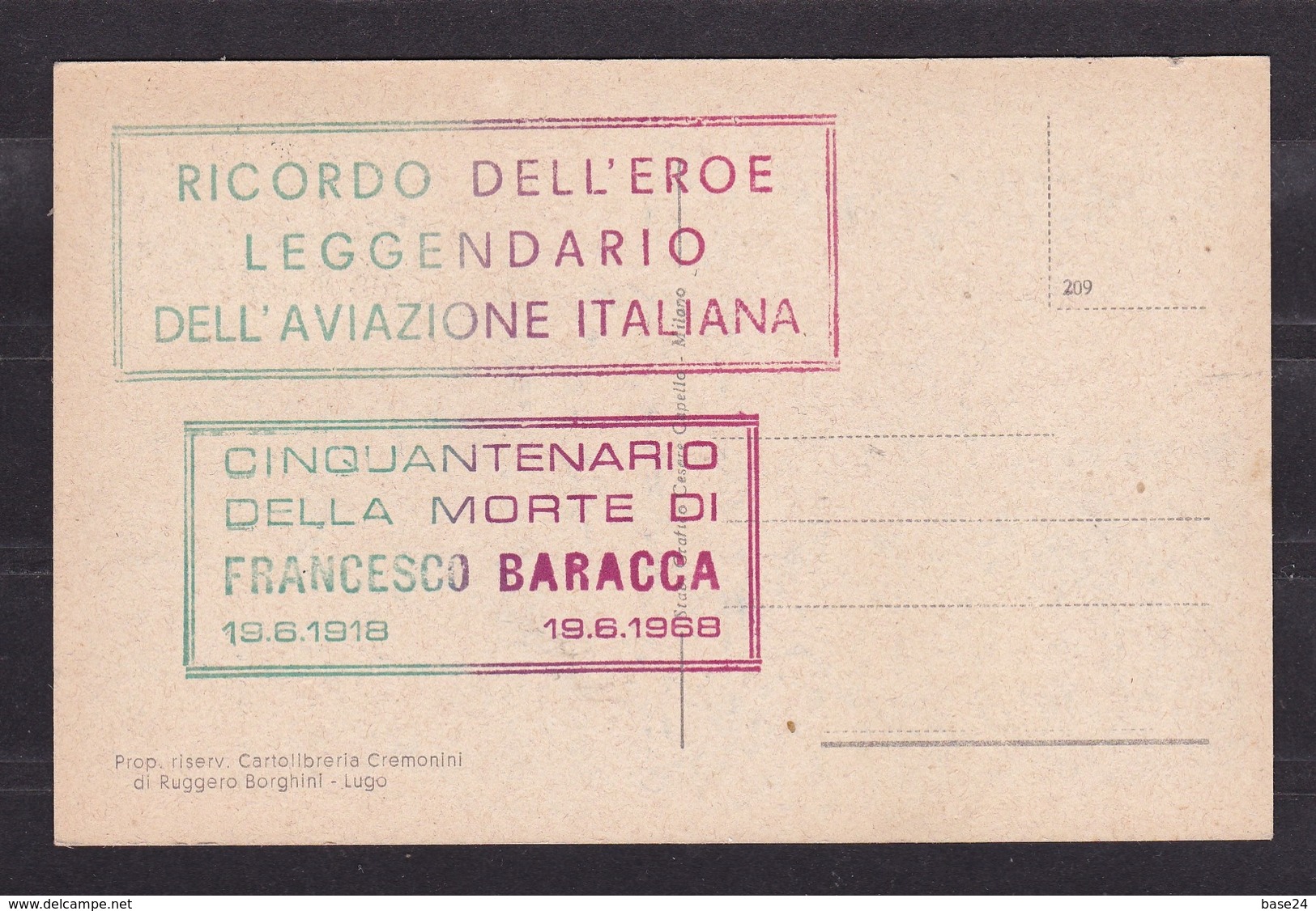 1968 Italia Lugo Di Romagna FRANCESCO BARACCA L'EROE LEGGENDARIO Cartolina Annullo '50° Della Morte' 19/6/68 Affranc.25L - Prima Guerra Mondiale