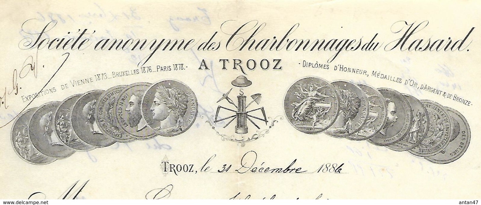 Facture 1886 / BELGIQUE / TROOZ / Charbonnage Du HASARD / Charbons Lavés - 1800 – 1899