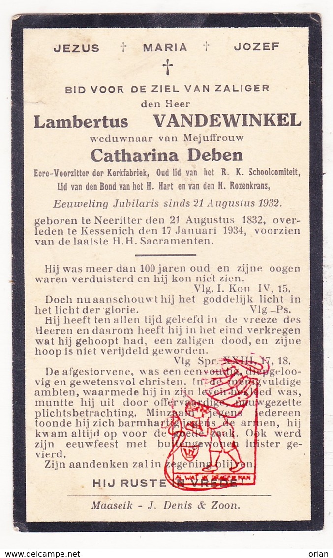 DP 100 Honderjarige Eeuweling - Lambertus VandeWinkel ° Neeritter Leudal NL 1832 † Kessenich Kinrooi BE 1934 X C. Deben - Images Religieuses