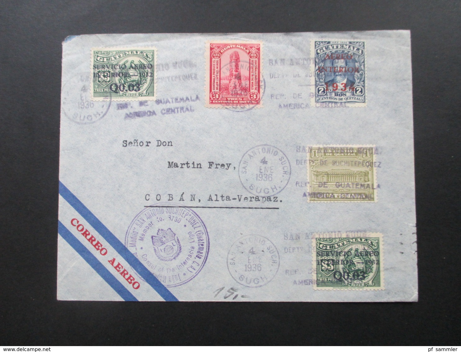 Guatemala 1936 Luftpostbrief. Marken Mit Rotem Und Schwarzem Aufdruck! Consul Of The Internacia Ligo - Guatemala