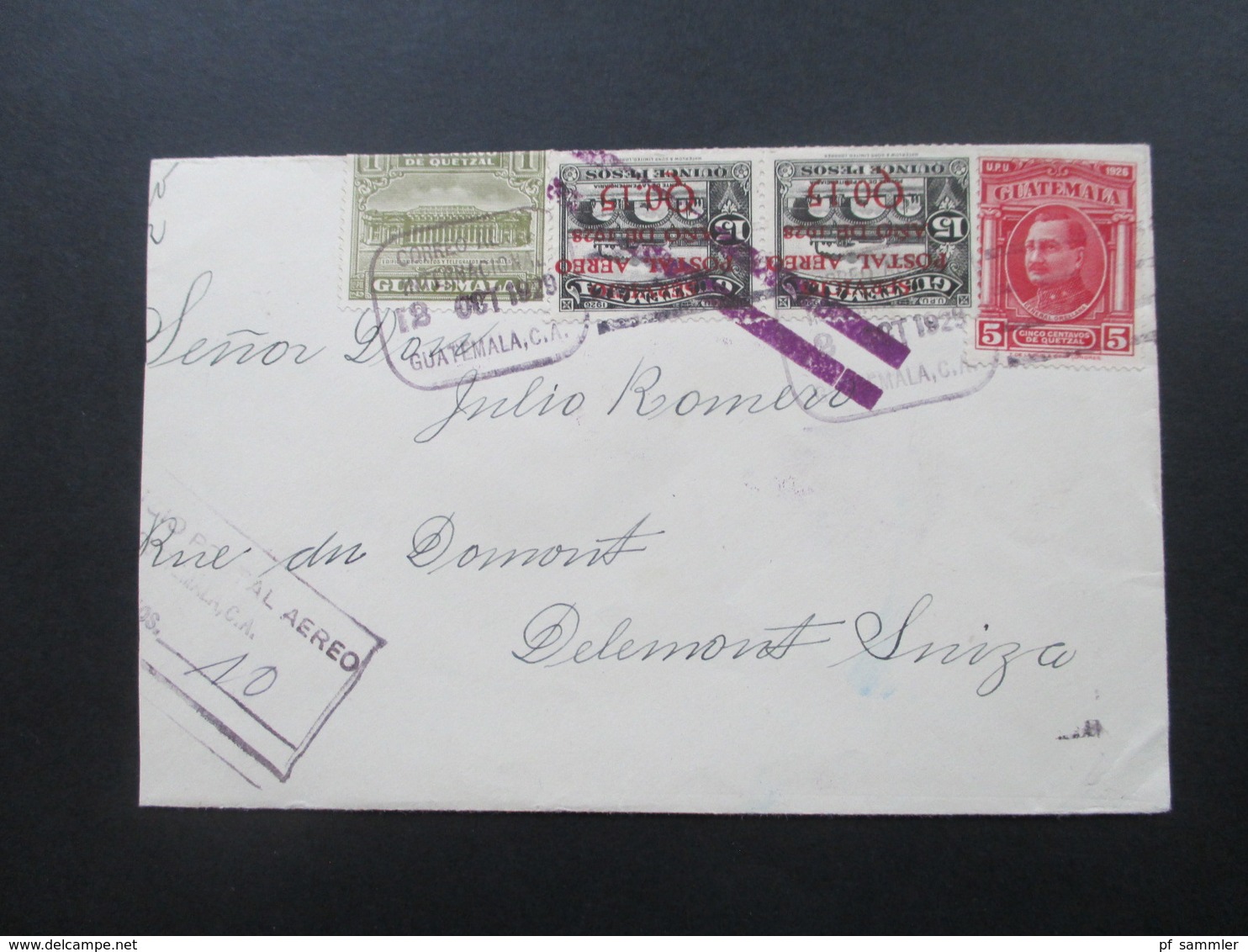 Guatemala 1929 Luftpostbrief. Marken Mit Rotem Aufdruck Postal Aereo Nach Delemont Schweiz Violetter Balkenstempel - Guatemala
