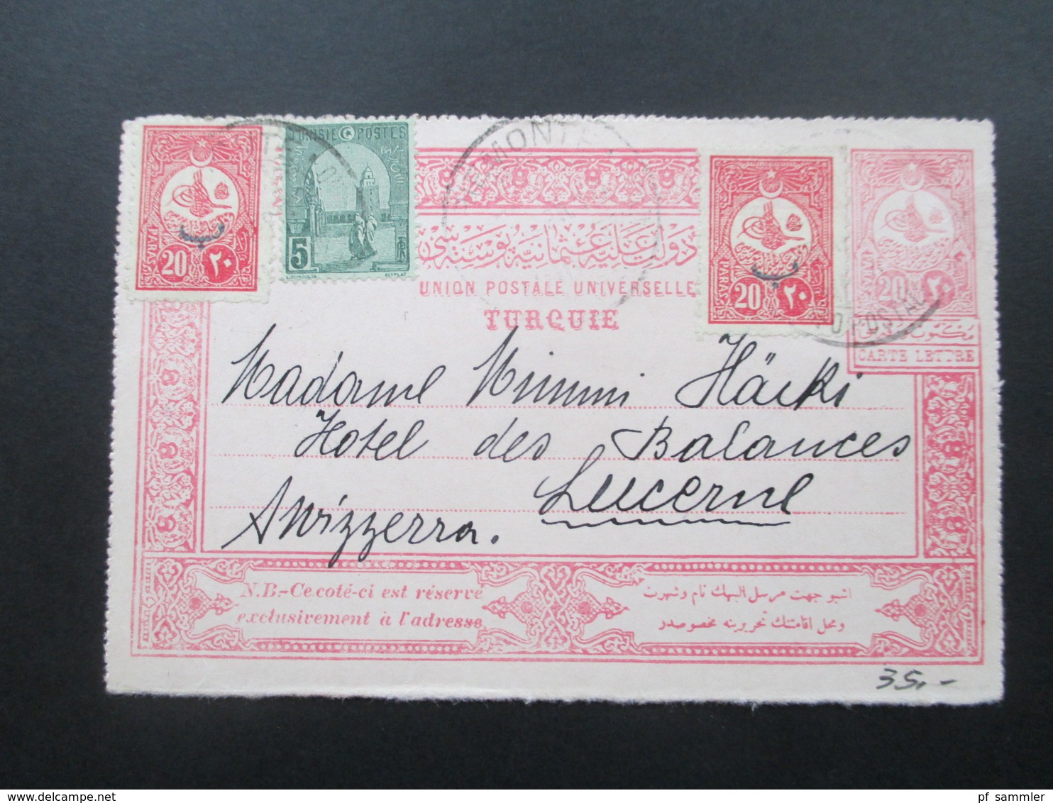 Türkei Um 1910 GA Mit Zusatzfrankaturen Und Marke Von Tunesien!! An Das Hotel Des Balances Luzern. Toller Beleg!! - Briefe U. Dokumente