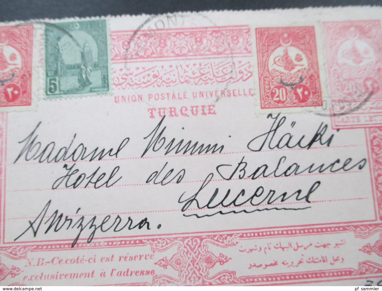 Türkei Um 1910 GA Mit Zusatzfrankaturen Und Marke Von Tunesien!! An Das Hotel Des Balances Luzern. Toller Beleg!! - Lettres & Documents