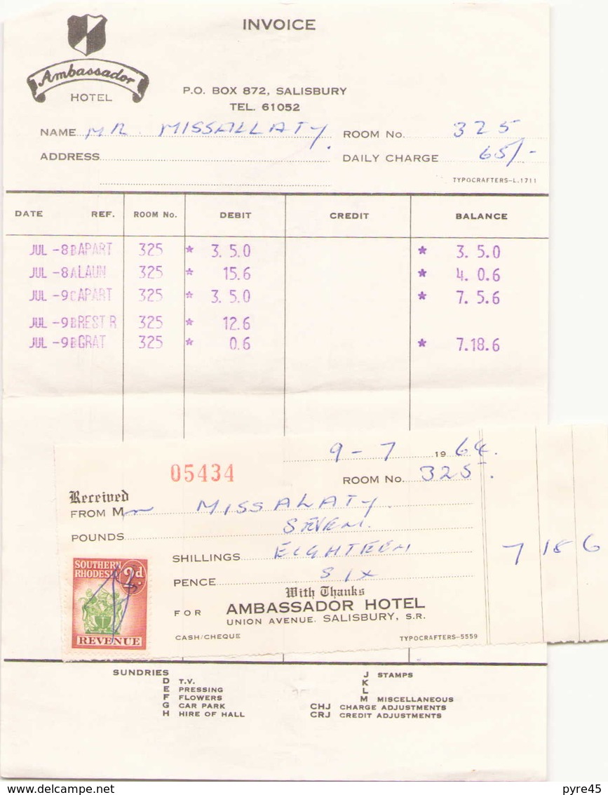 Facture Du 9 Juillet 1964 " Ambassador Hotel à Salisbury - Royaume-Uni