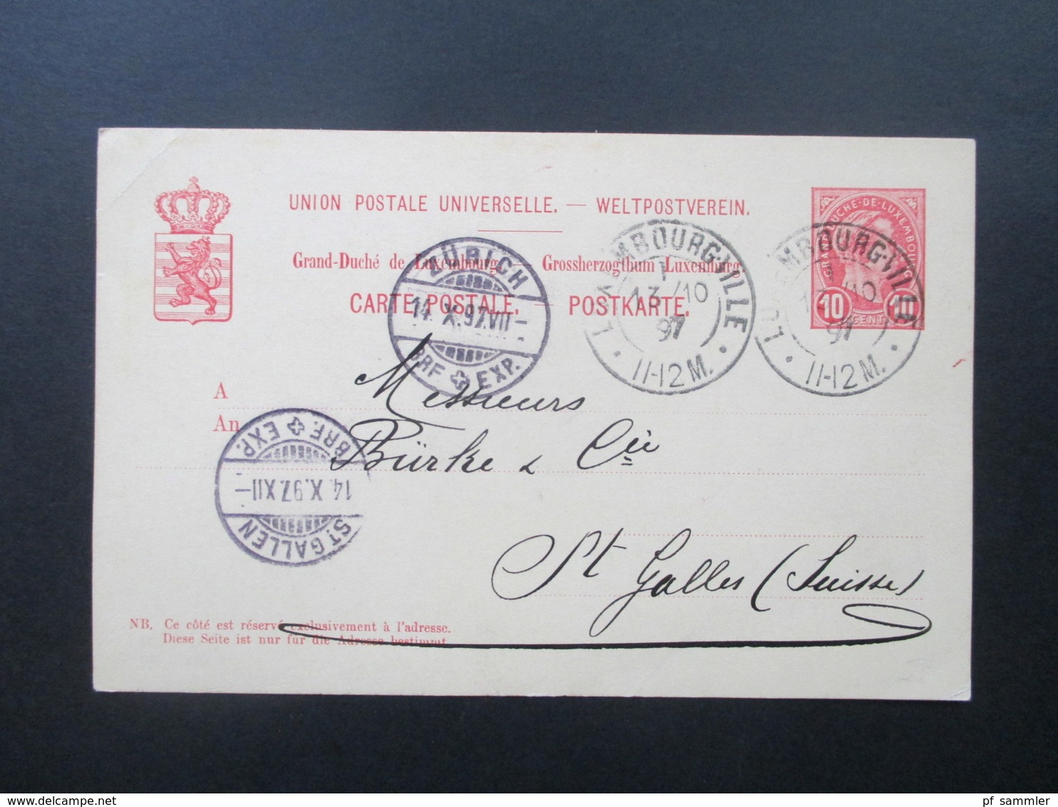 Luxemburg 1897 Ganzsache Nach St. Gallen über Zürich Mit 4 Stempel Firmenkarte - Stamped Stationery