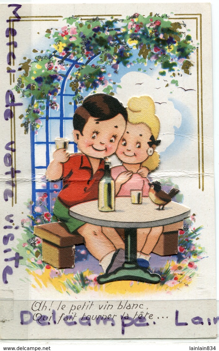 - Enfant - Découpi, Enfants, Ah Le Petit Vin Blanc..., écrite, Paillettes, Datée 1946, Pli, Scans. - Cartes Humoristiques