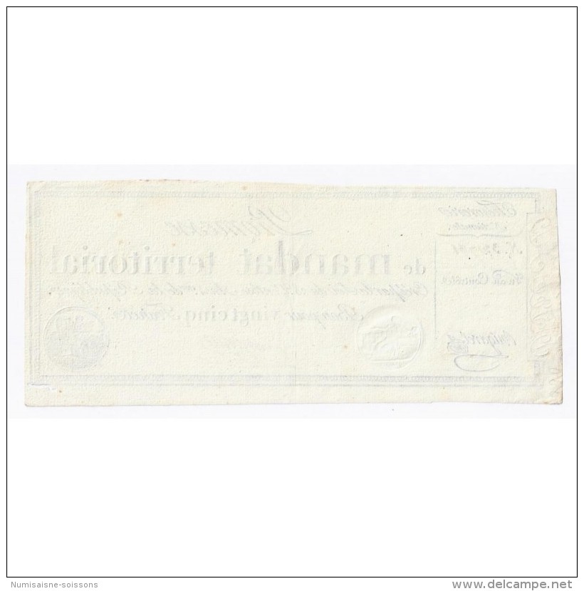 MANDAT TERRITORIAL DE 25 FRANCS - 28 VENTOSE AN 4 - 18/03/1796 - SANS SERIE -TTB - - Assignats & Mandats Territoriaux