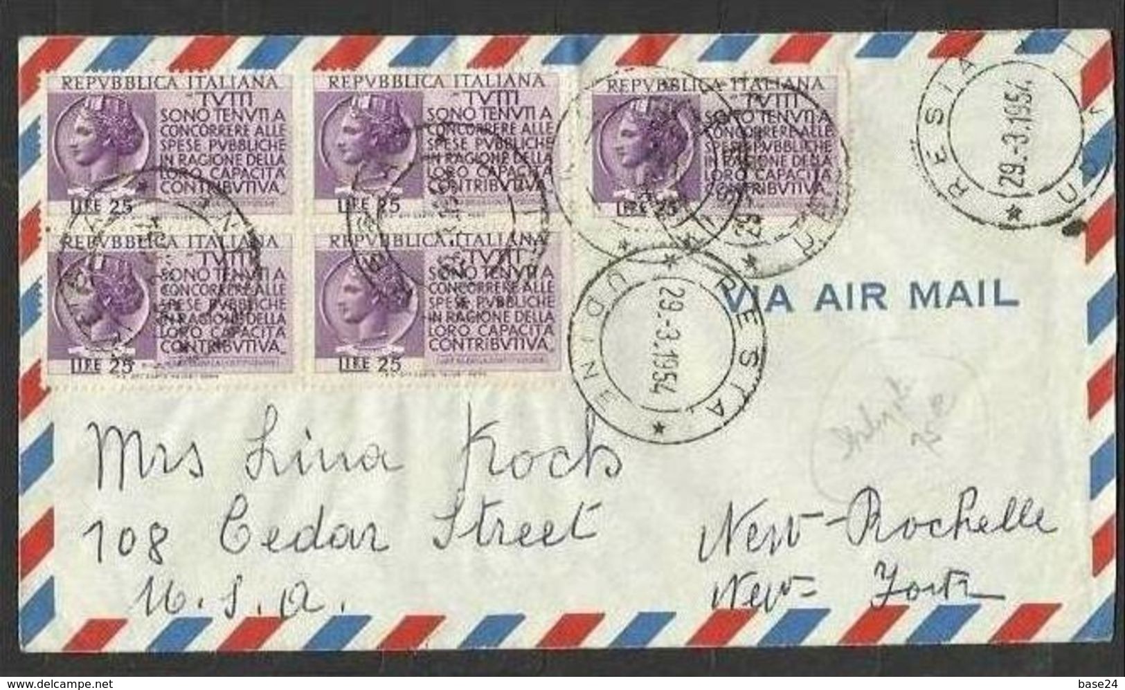 1954 Italia Italy Repubblica STORIA POSTALE Busta Viaggiata Aerea Resia New York L.125 (Tariffa L.60 Aerea) Reddito: 4+1 - 1946-60: Marcofilia