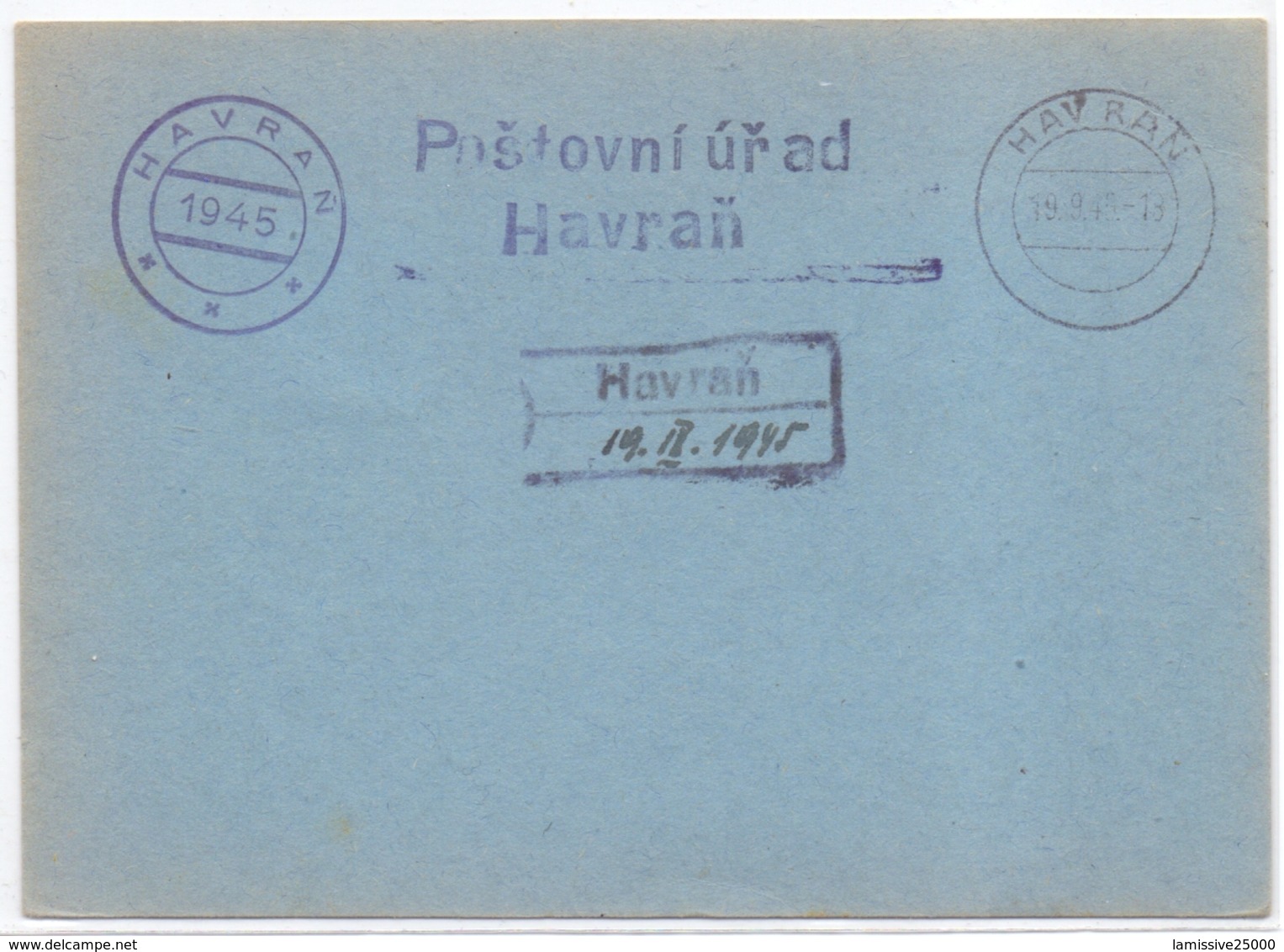 Tchecoslovaquie Carte Postale Avec Cachet Provisoir De La Liberation Havran - Briefe U. Dokumente